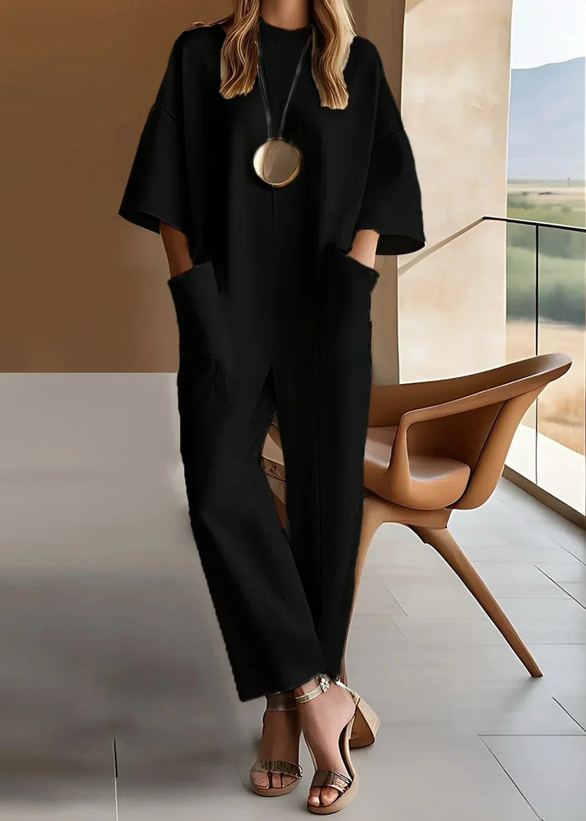 Women's Short Sleeve Crew Neck Wide Leg Jumpsuit — back view