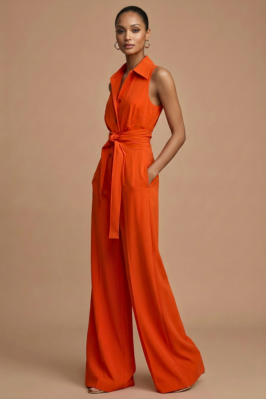 Women's Sleeveless Collar Neck Wide Leg Jumpsuit with Button Front and Waist Tie — back view