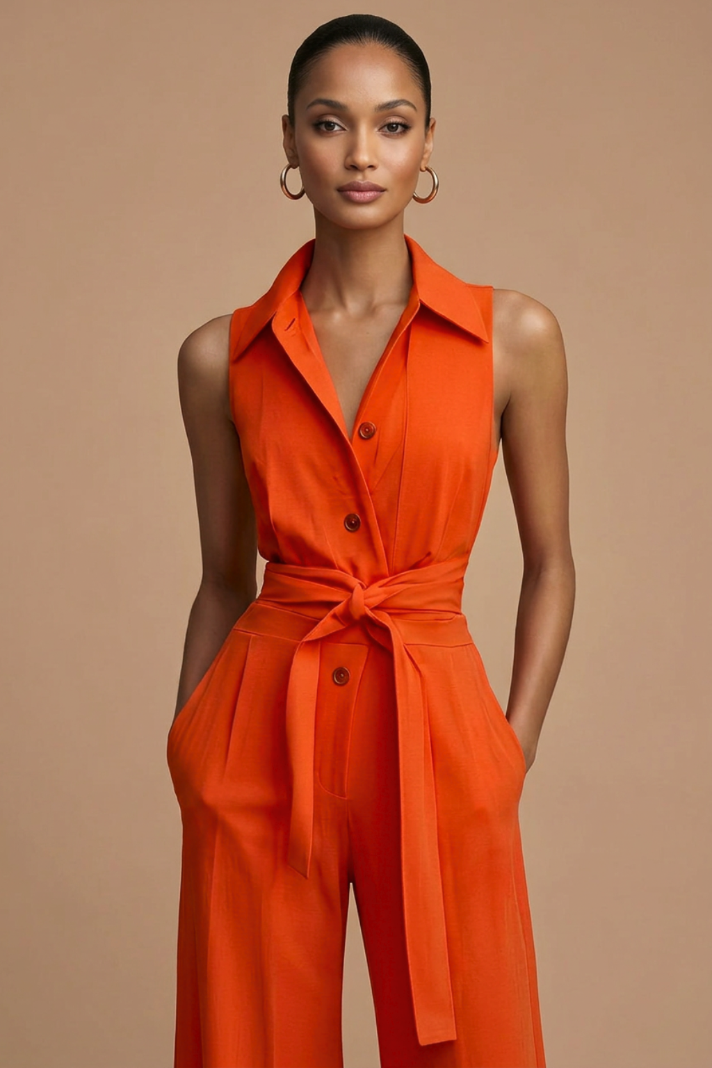 Women's Sleeveless Collar Neck Wide Leg Jumpsuit with Button Front and Waist Tie — side view