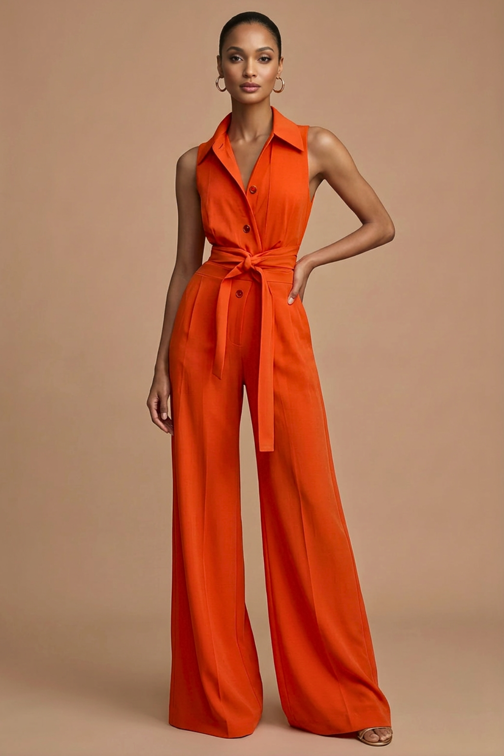 Women's Sleeveless Collar Neck Wide Leg Jumpsuit with Button Front and Waist Tie