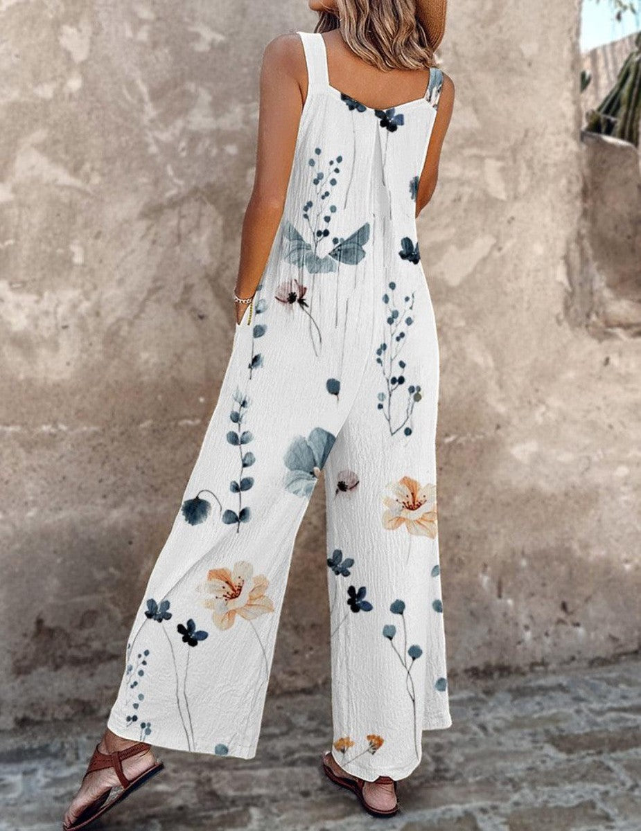 Women's Sleeveless Floral Print Wide Leg Overalls Jumpsuit — detail view