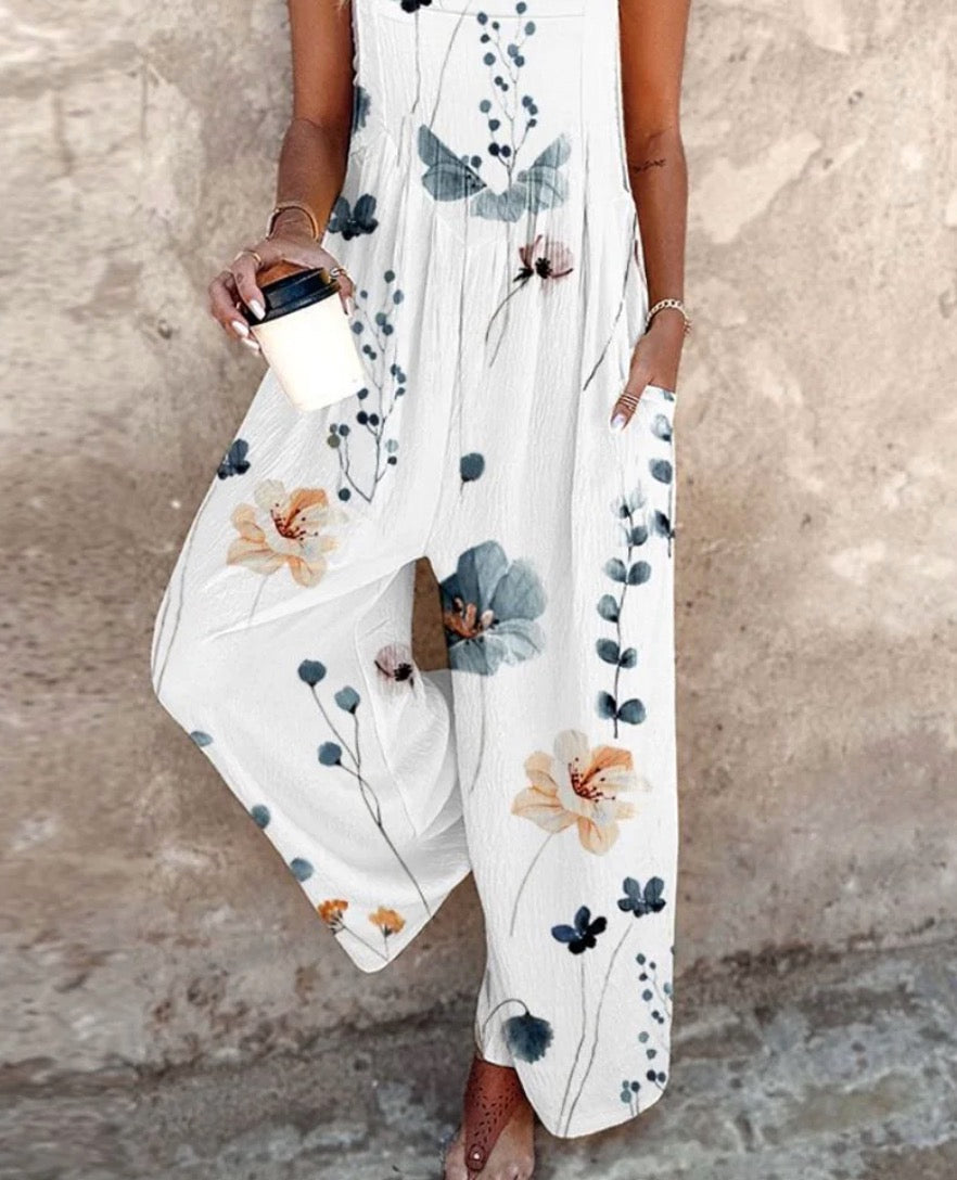 Women's Sleeveless Floral Print Wide Leg Overalls Jumpsuit — model wearing