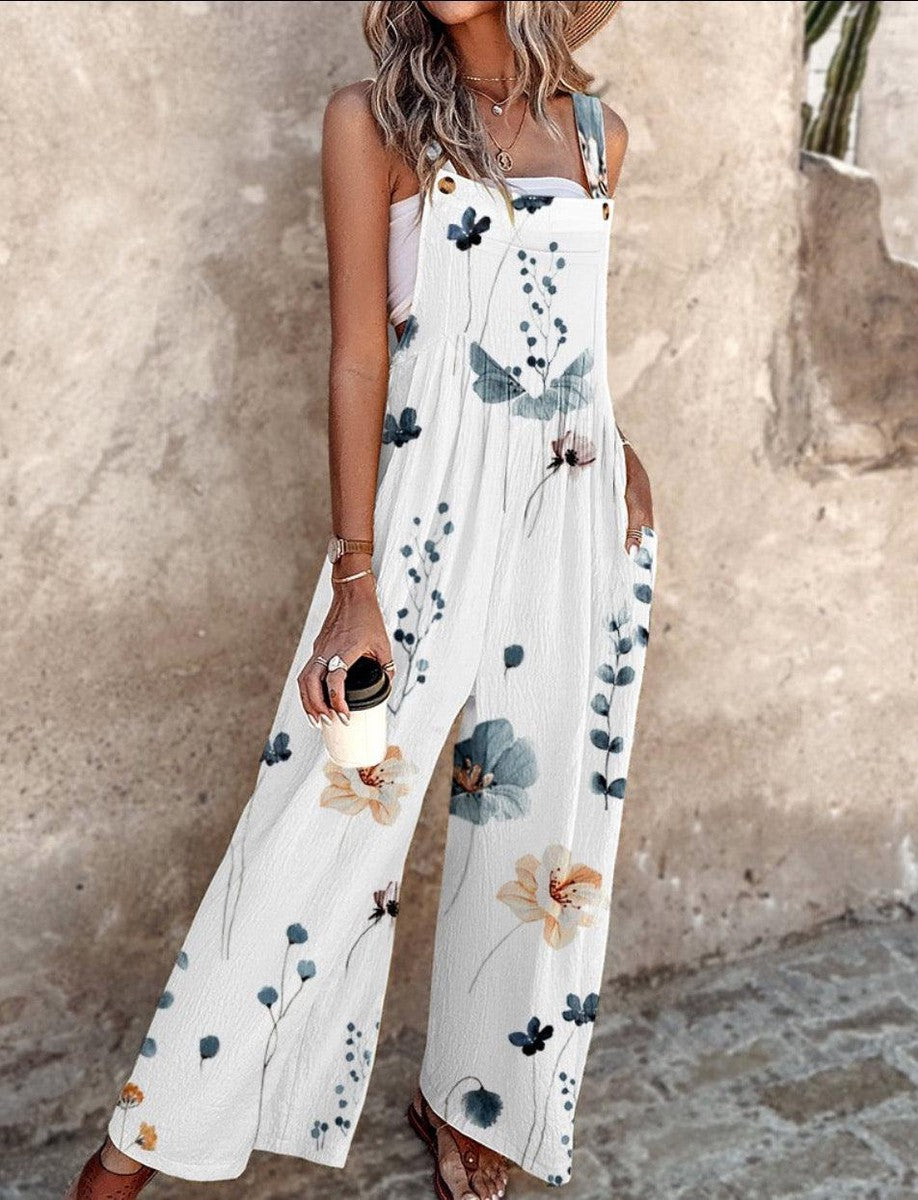 Women's Sleeveless Floral Print Wide Leg Overalls Jumpsuit — side view