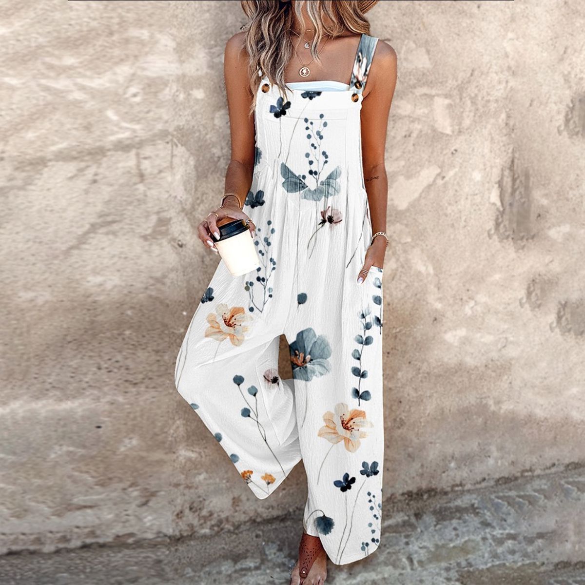 Women's Sleeveless Floral Print Wide Leg Overalls Jumpsuit