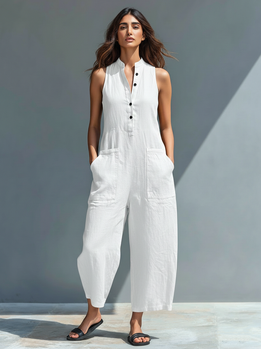 Women's Sleeveless Mandarin Collar Wide Leg Jumpsuit with Button Front — alternative angle