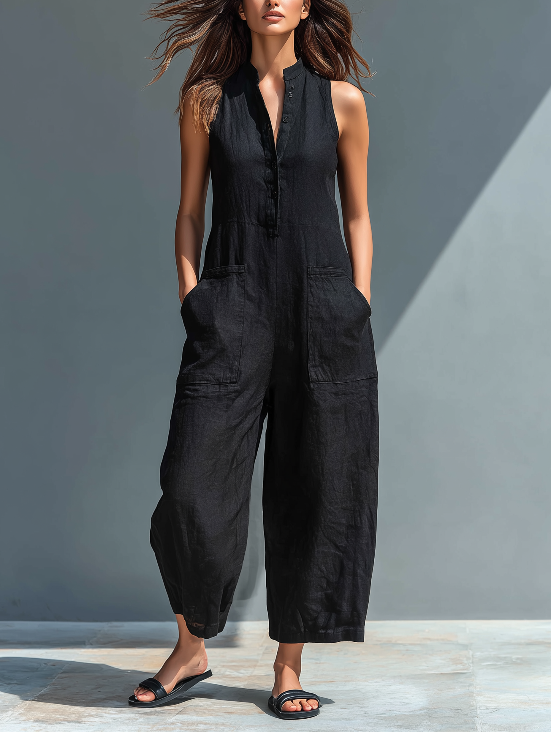 Women's Sleeveless Mandarin Collar Wide Leg Jumpsuit with Button Front — back view
