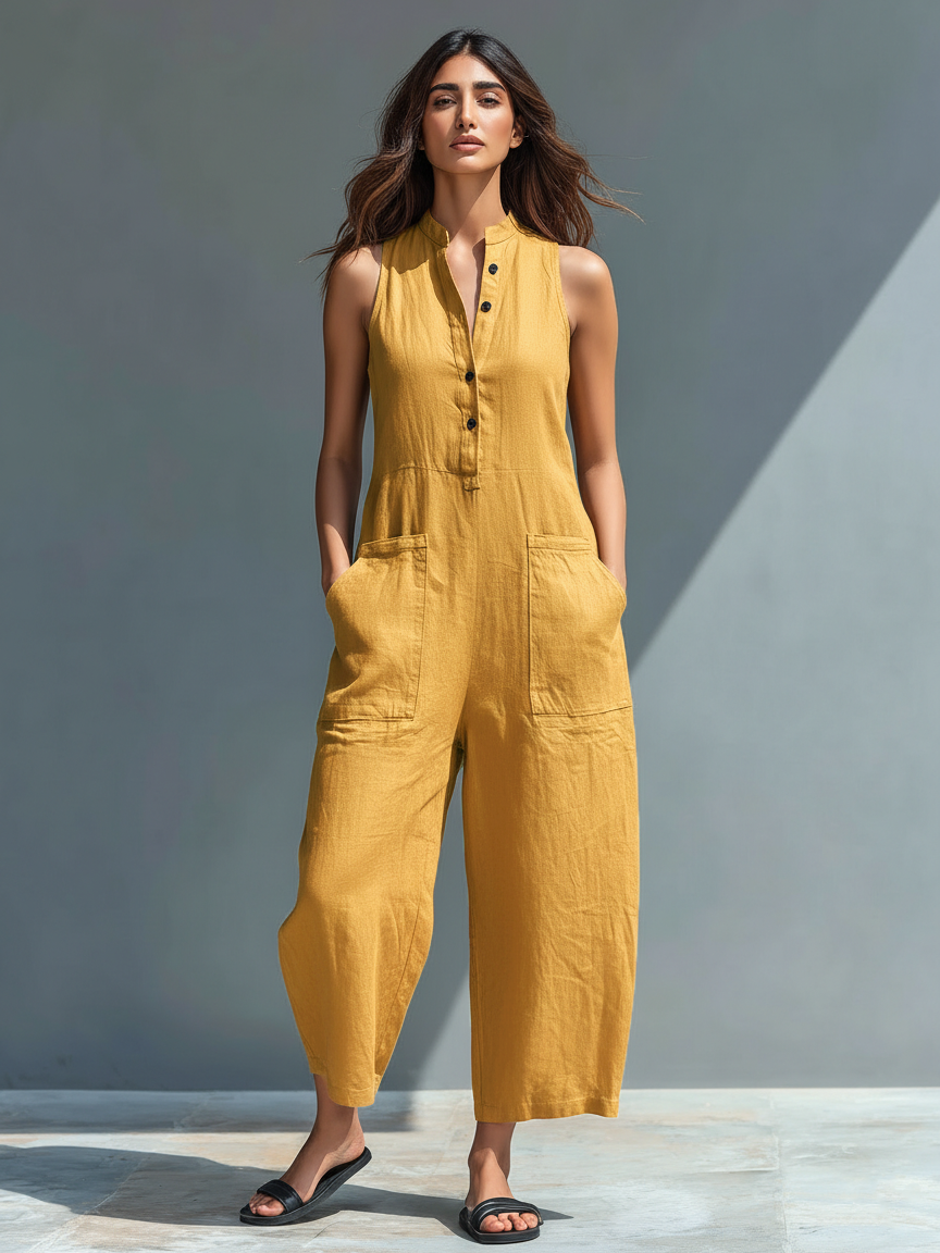 Women's Sleeveless Mandarin Collar Wide Leg Jumpsuit with Button Front — close-up