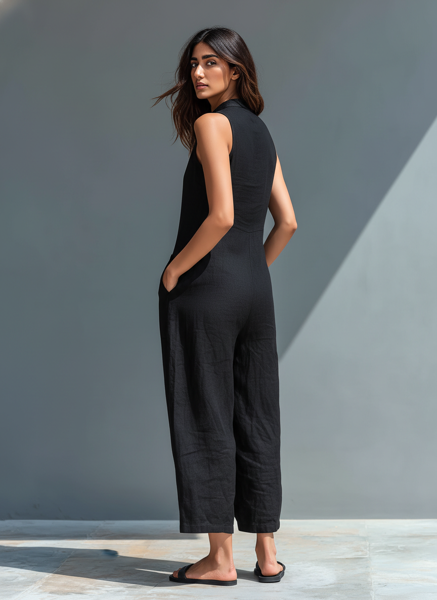 Women's Sleeveless Mandarin Collar Wide Leg Jumpsuit with Button Front — side view