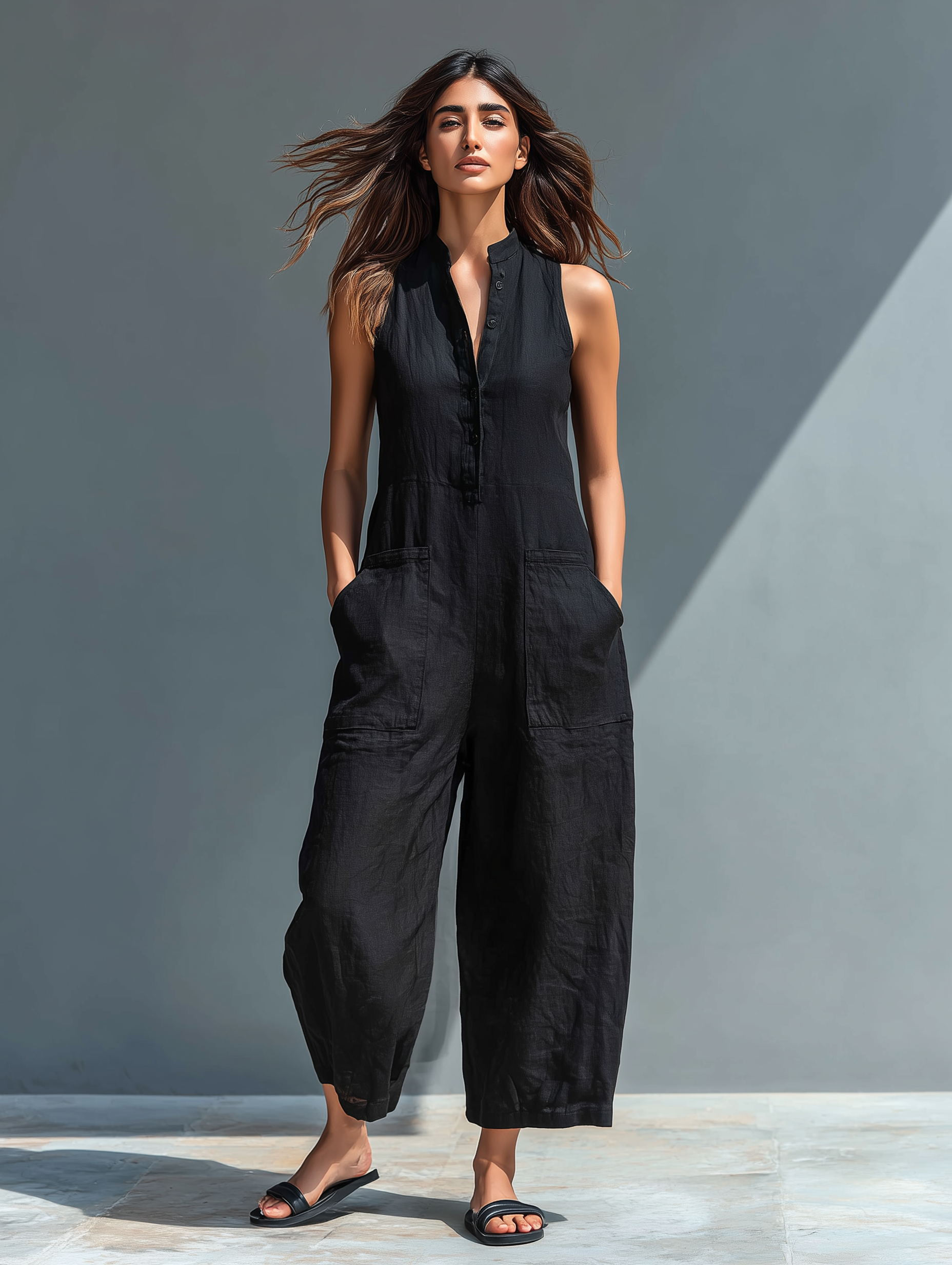 Women's Sleeveless Mandarin Collar Wide Leg Jumpsuit with Button Front