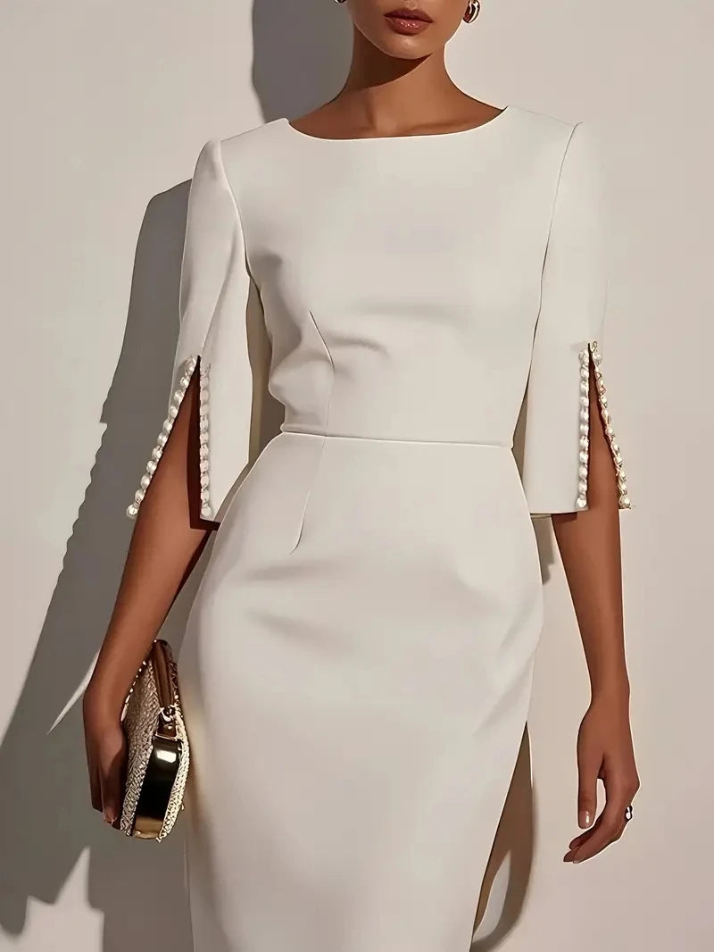 Pearl Embellished Split Sleeve Bodycon Midi Dress — back view