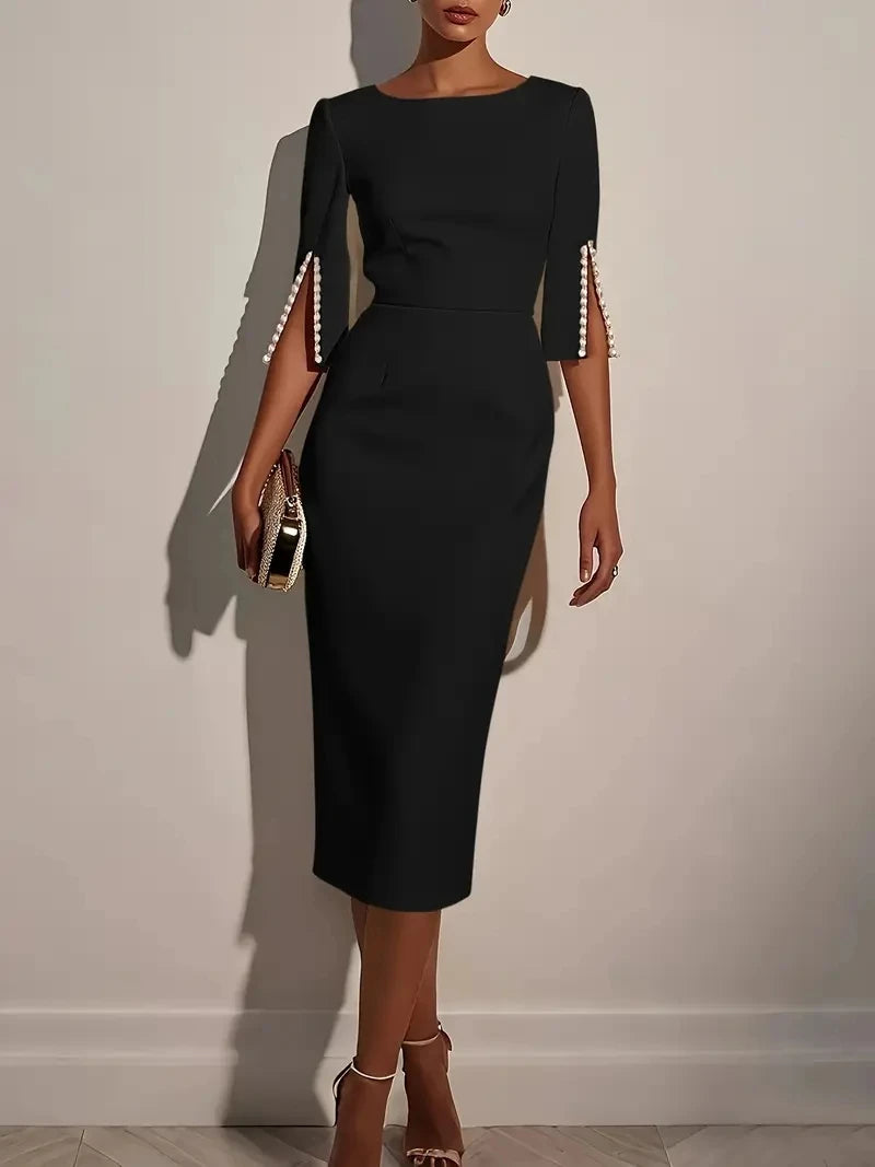 Pearl Embellished Split Sleeve Bodycon Midi Dress — detail view