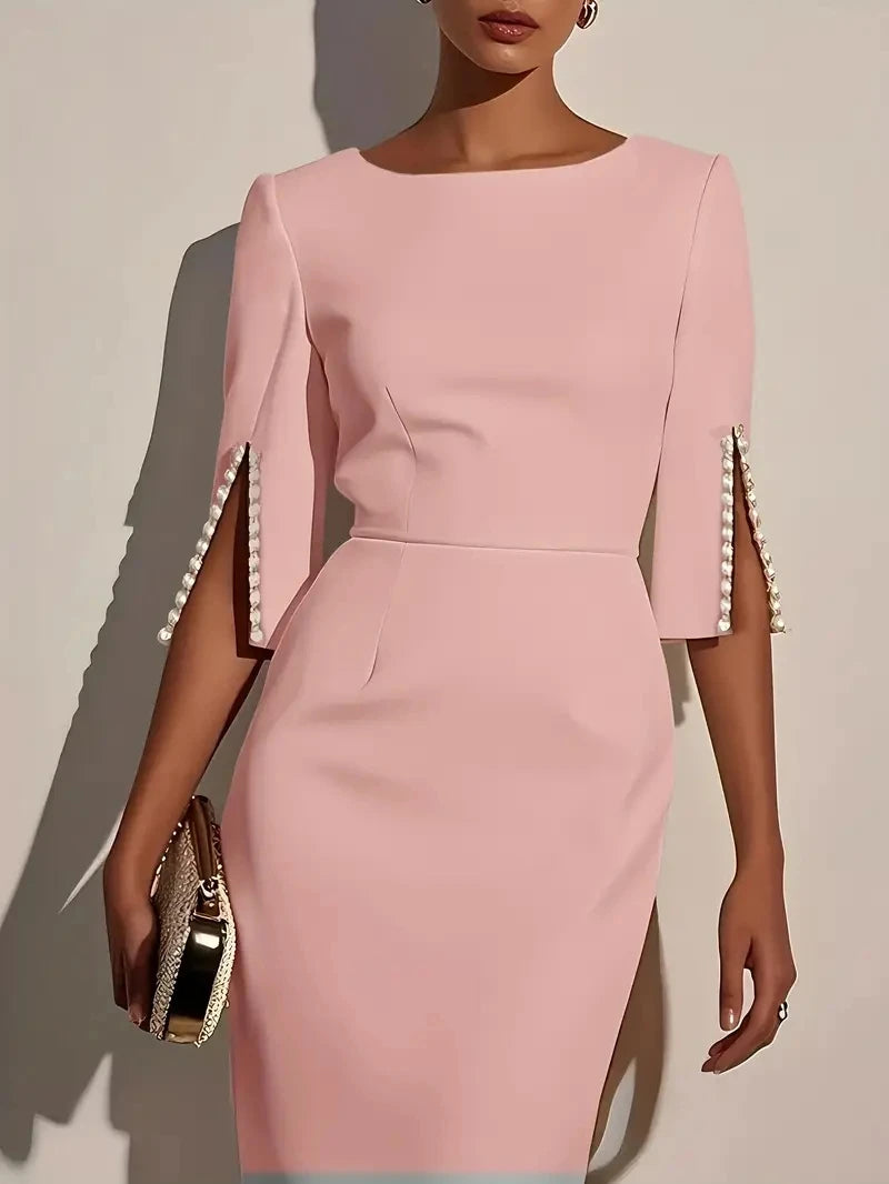Pearl Embellished Split Sleeve Bodycon Midi Dress — model wearing