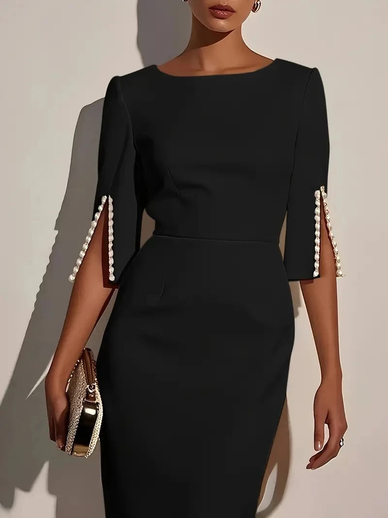 Pearl Embellished Split Sleeve Bodycon Midi Dress — side view