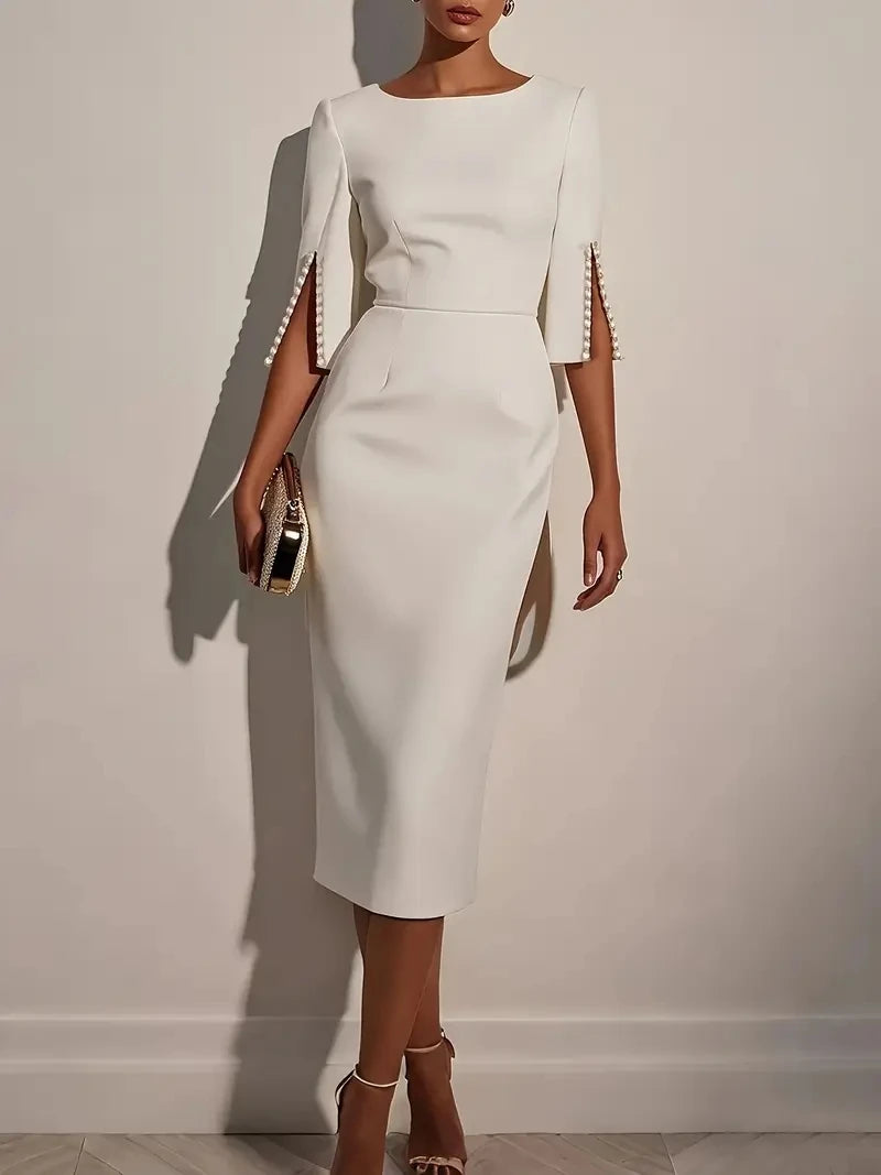 Pearl Embellished Split Sleeve Bodycon Midi Dress-10