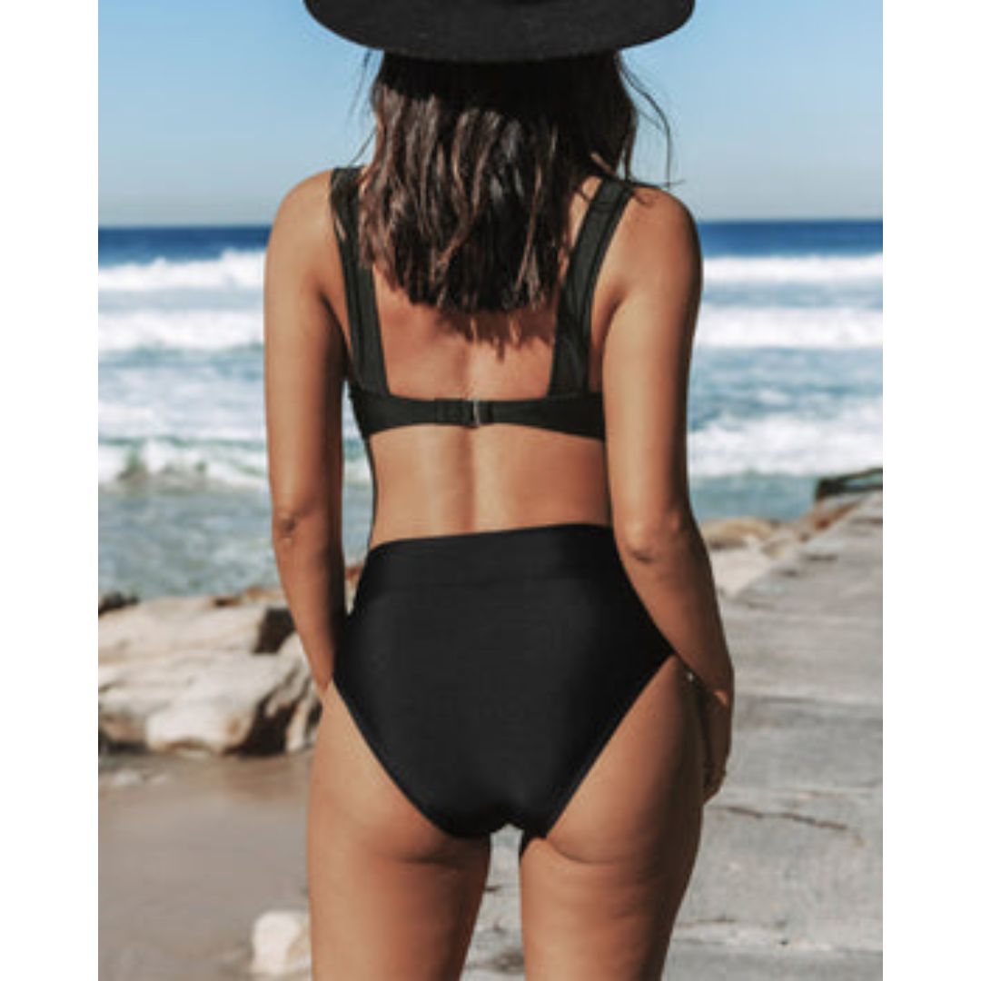 Women's Solid High-Waist One-Piece Swimsuit with Tummy Control — fabric detail