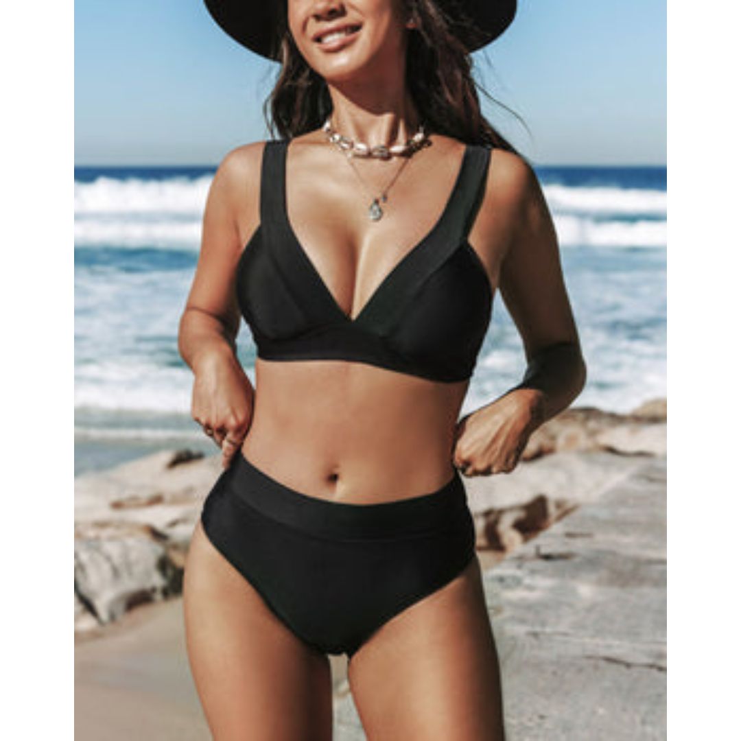 Women's Solid High-Waist One-Piece Swimsuit with Tummy Control — styling detail