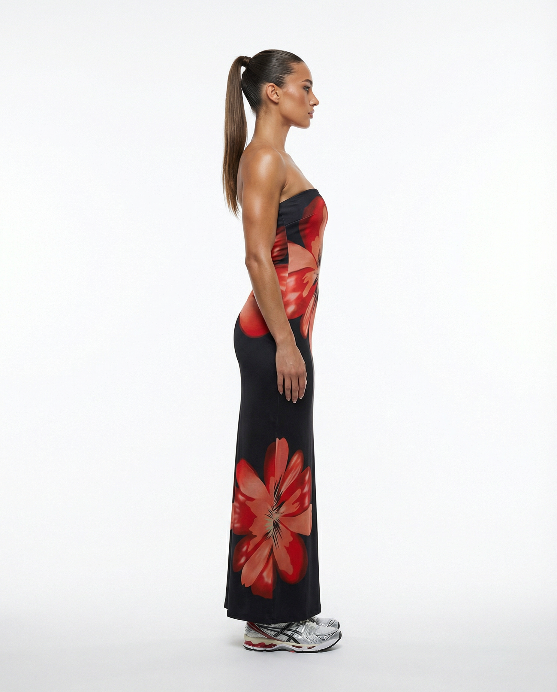 Women's Strapless Floral Maxi Dress – Bold Red Flower Print Bandeau Bodycon — back view