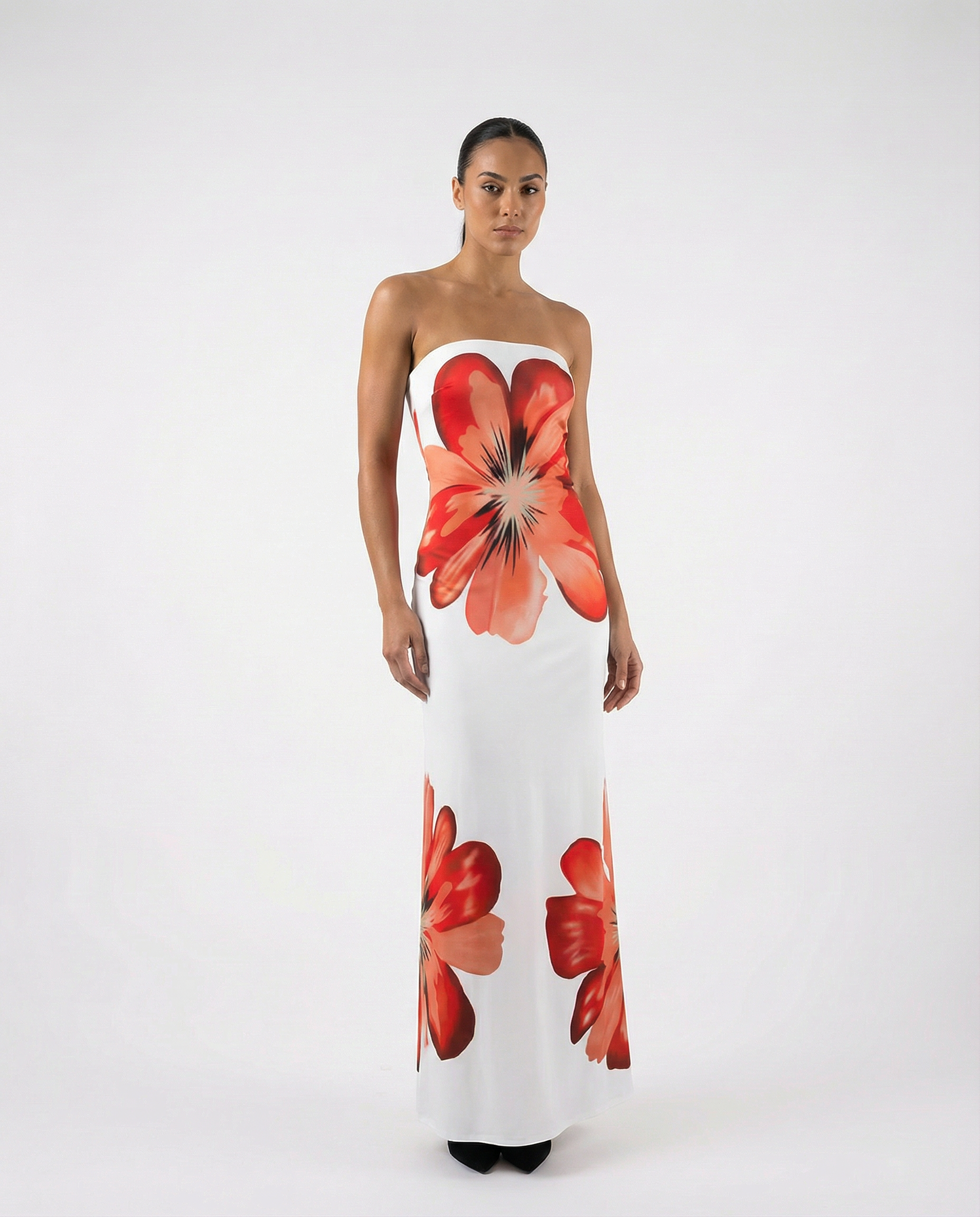 Women's Strapless Floral Maxi Dress – Bold Red Flower Print Bandeau Bodycon — detail view