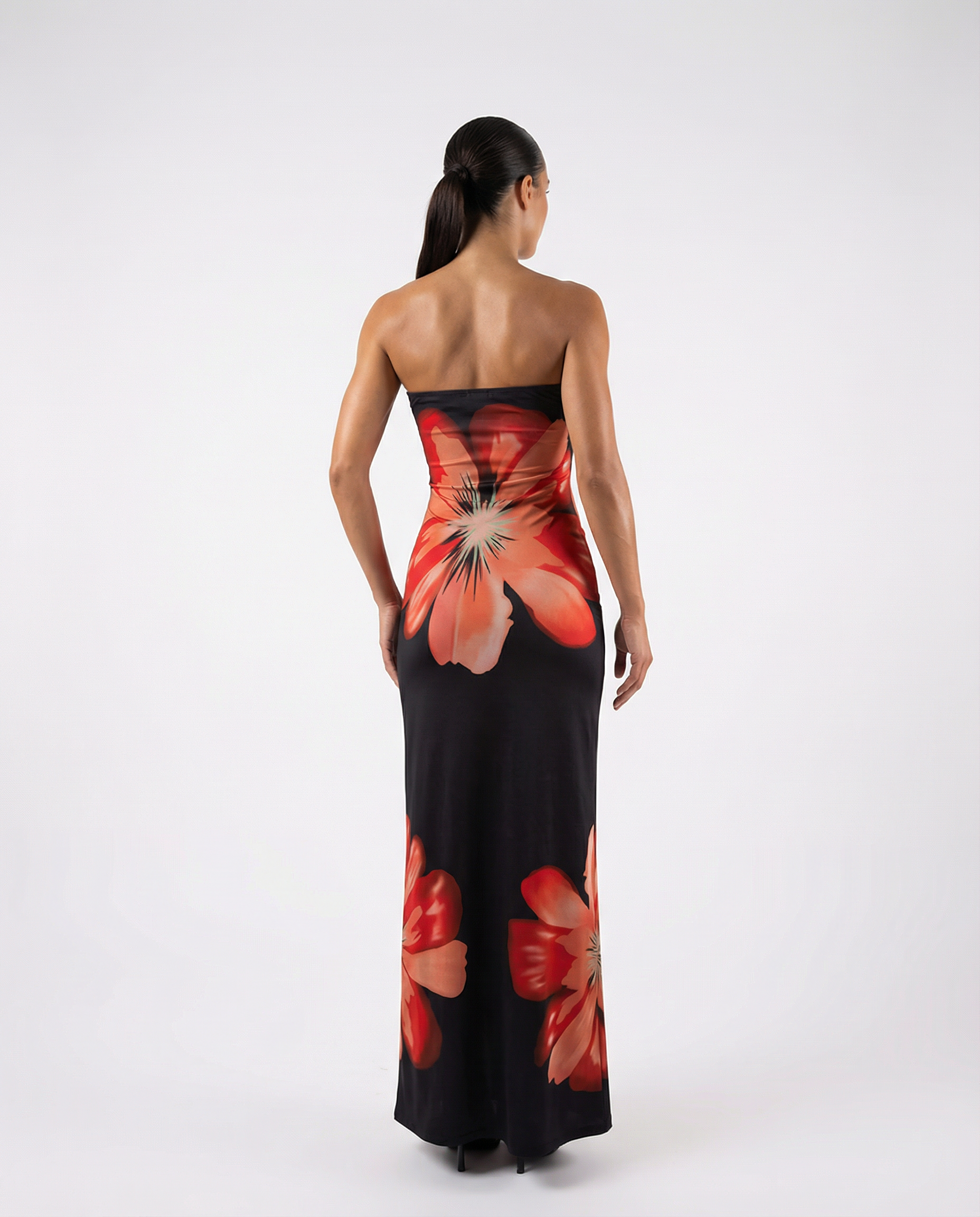 Women's Strapless Floral Maxi Dress – Bold Red Flower Print Bandeau Bodycon — side view