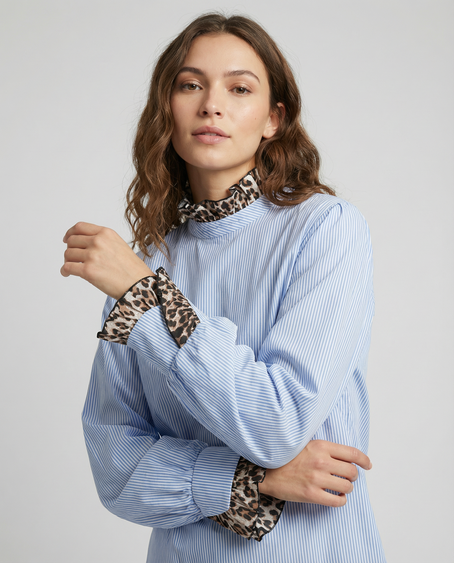 Women's Striped Blouse – Chic High Neck with Leopard Print Cuffs for Effortless Style — back view