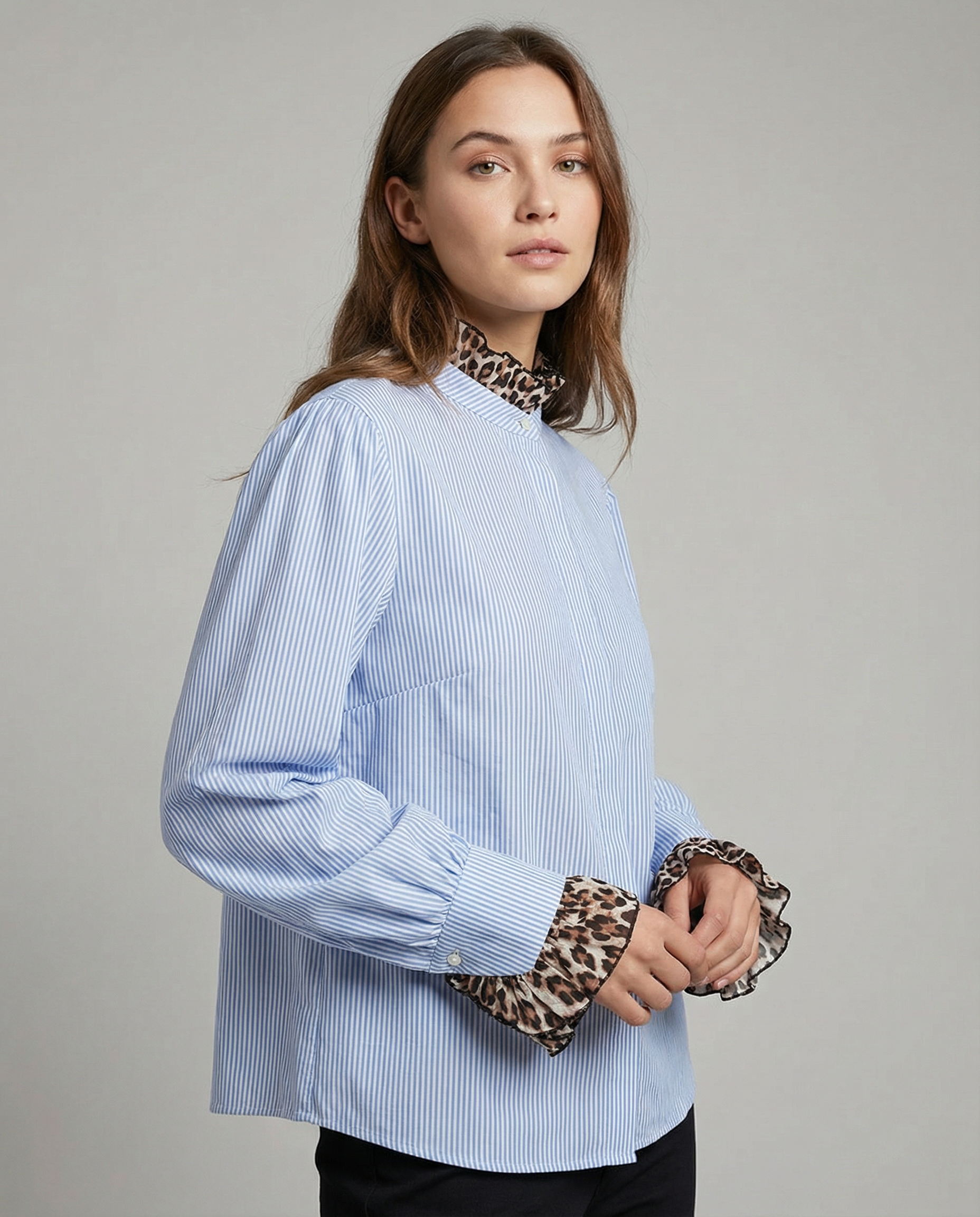 Women's Striped Blouse – Chic High Neck with Leopard Print Cuffs for Effortless Style — side view