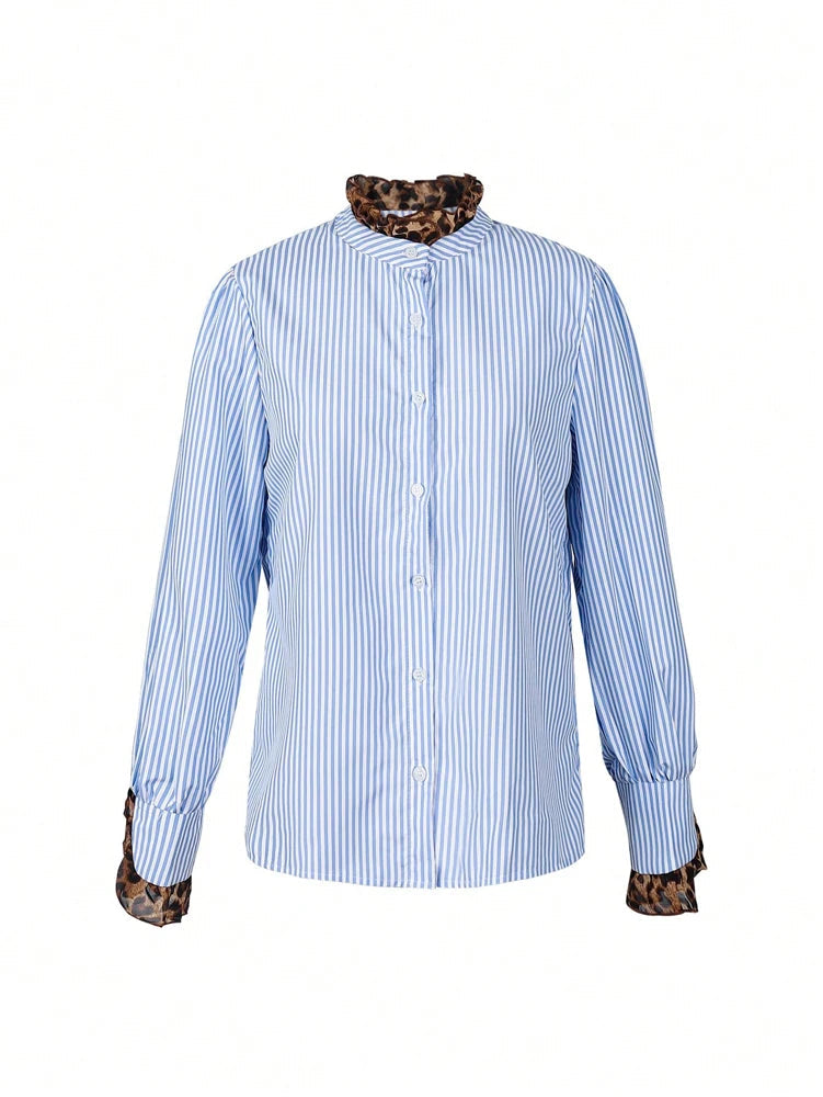 Women's Striped Blouse – Chic High Neck with Leopard Print Cuffs for Effortless Style — styling detail