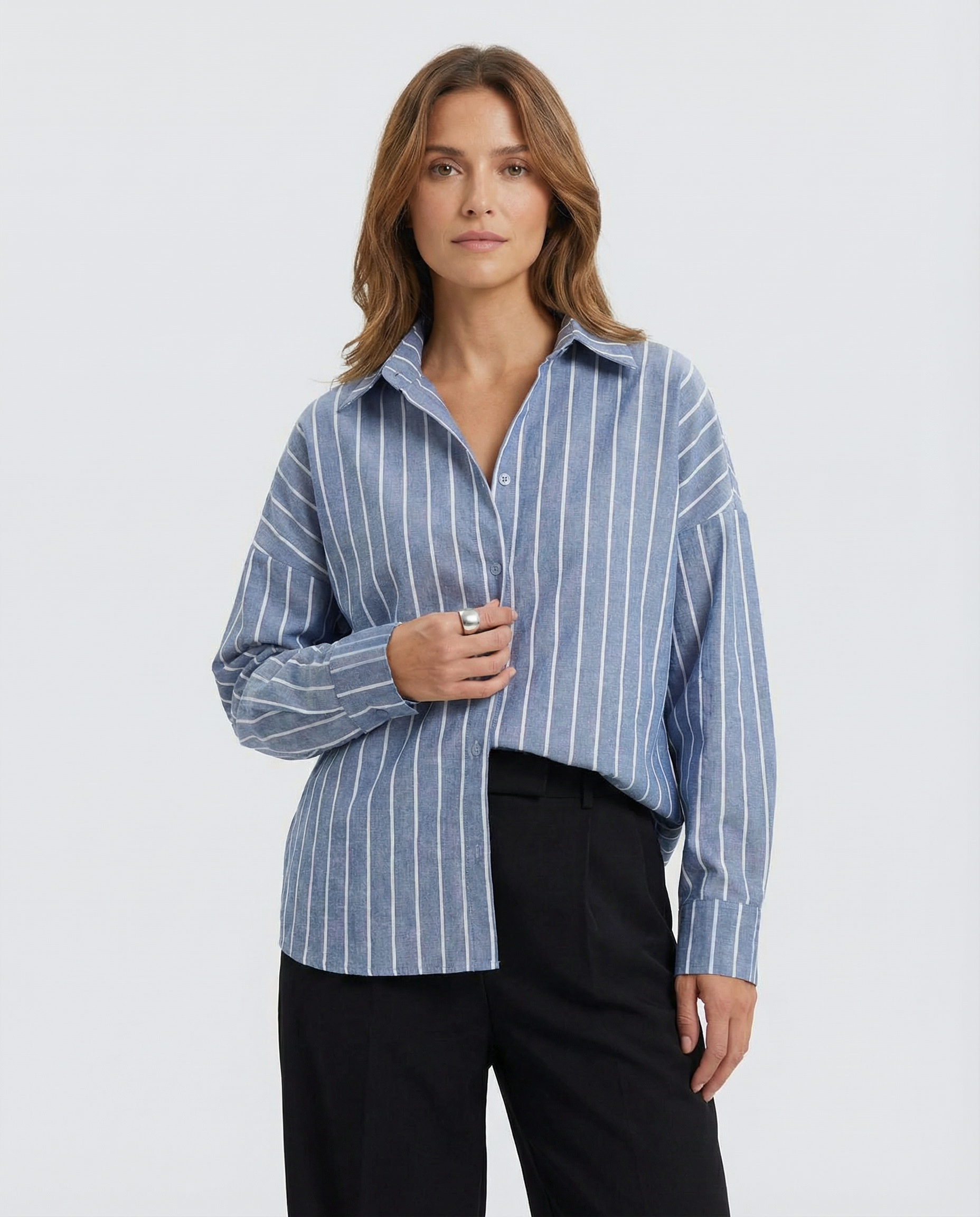 Women's Striped Button-Down Shirt – Relaxed Fit for Versatile All-Day Styling — back view