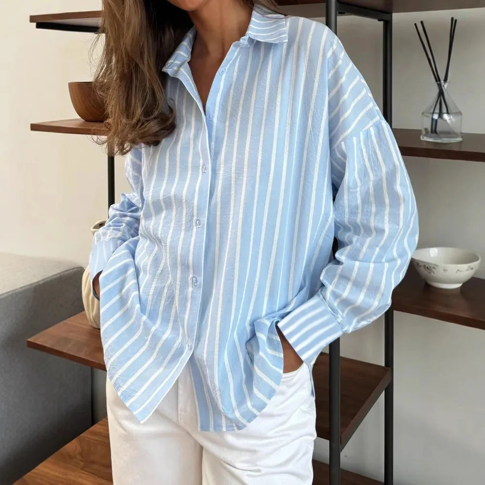 Women's Striped Button-Down Shirt – Relaxed Fit for Versatile All-Day Styling — model wearing