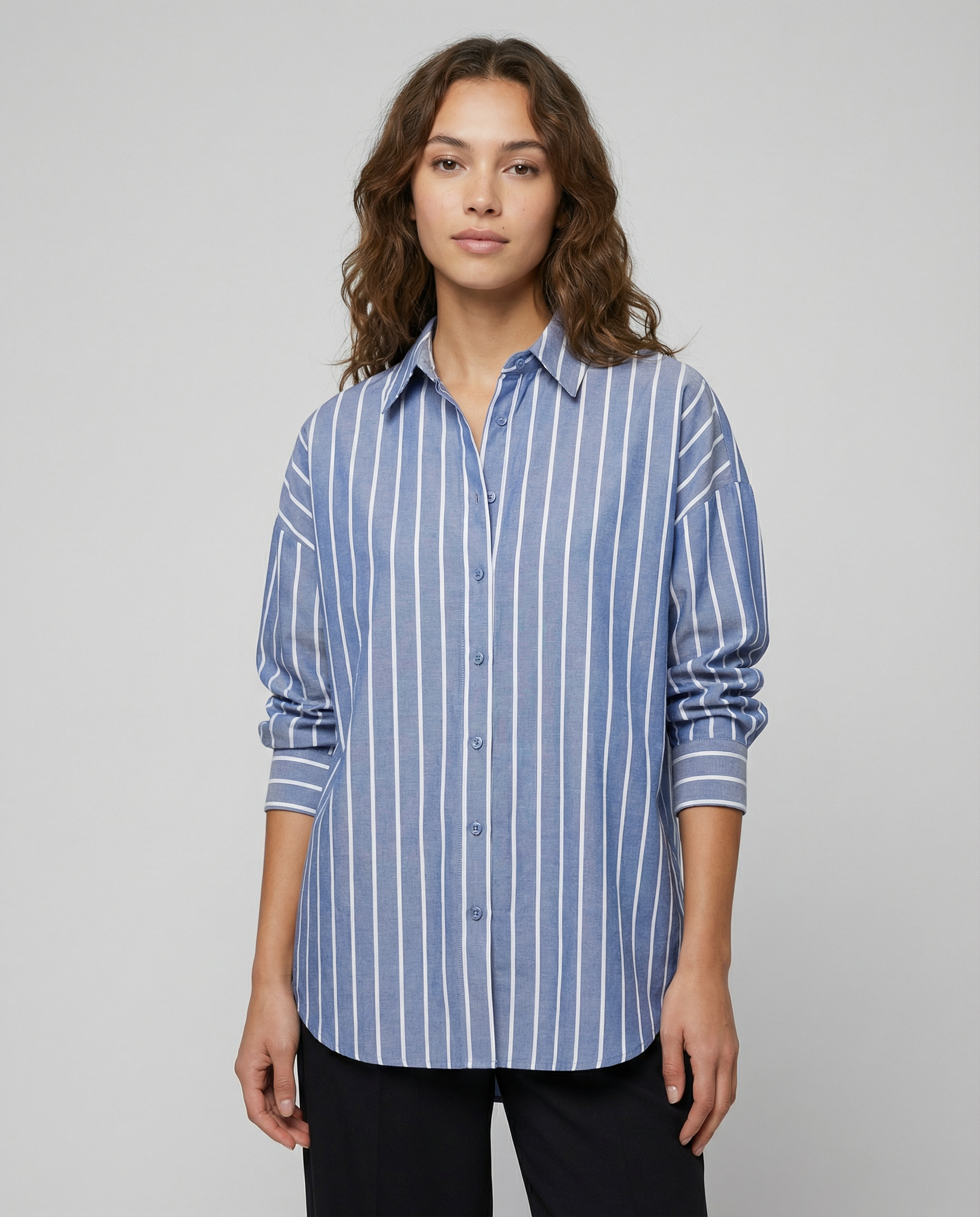 Women's Striped Button-Down Shirt – Relaxed Fit for Versatile All-Day Styling — side view