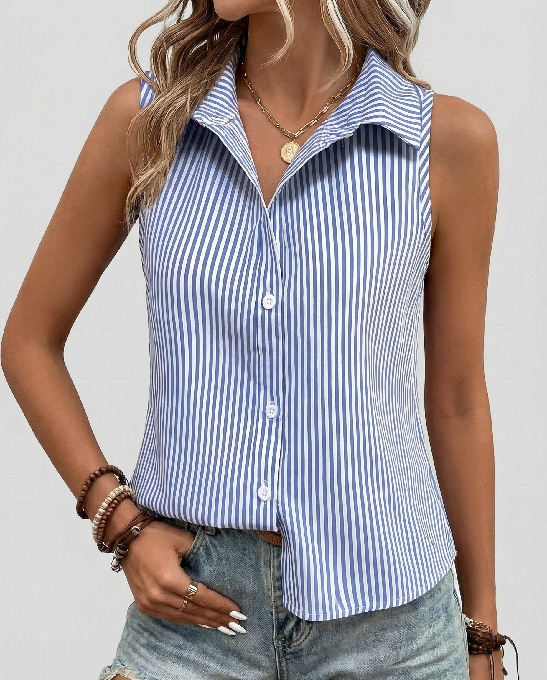 Women's Striped Button-Up Blouse – Classic Collar Relaxed Fit Top — back view