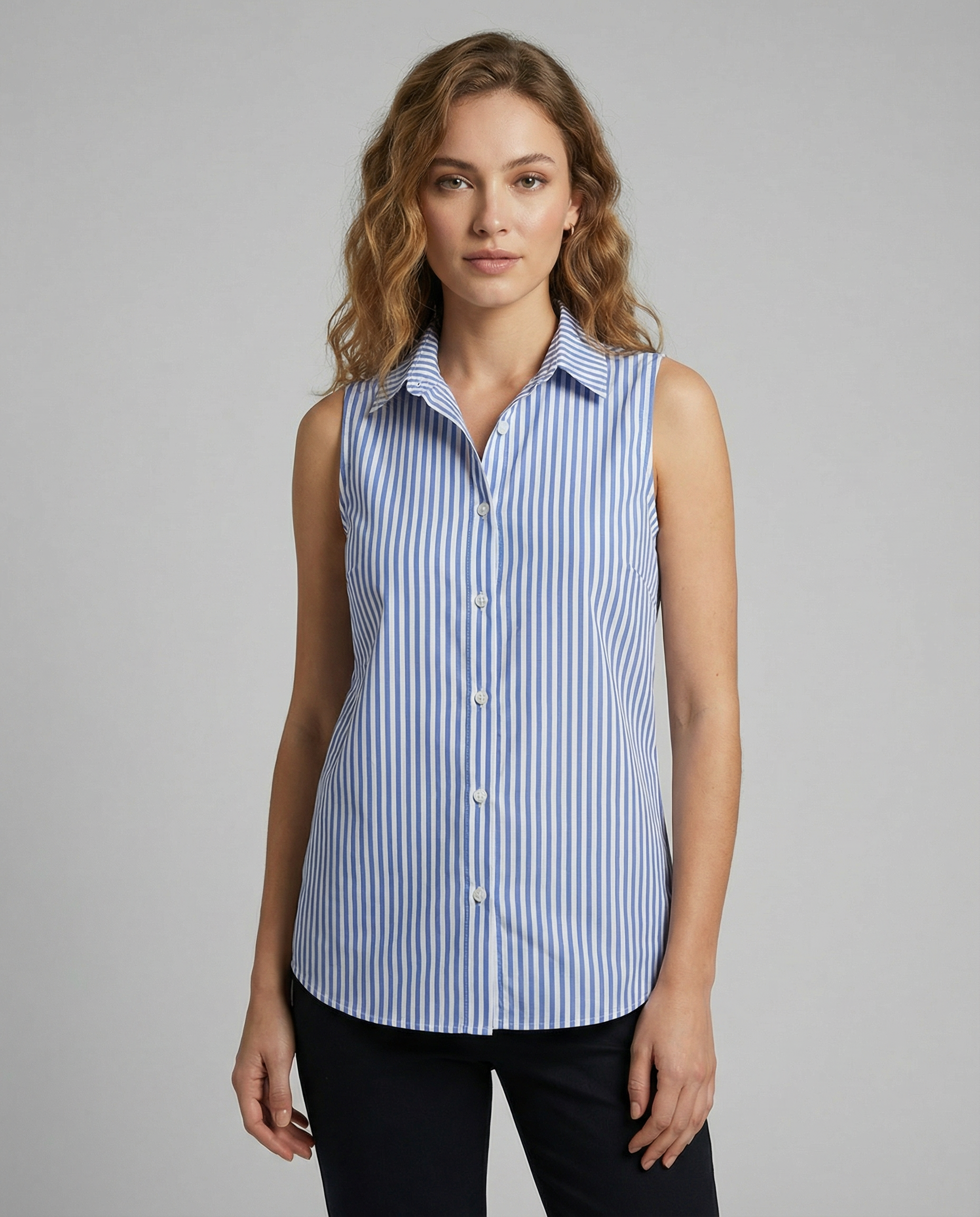 Women's Striped Button-Up Blouse – Classic Collar Relaxed Fit Top — detail view