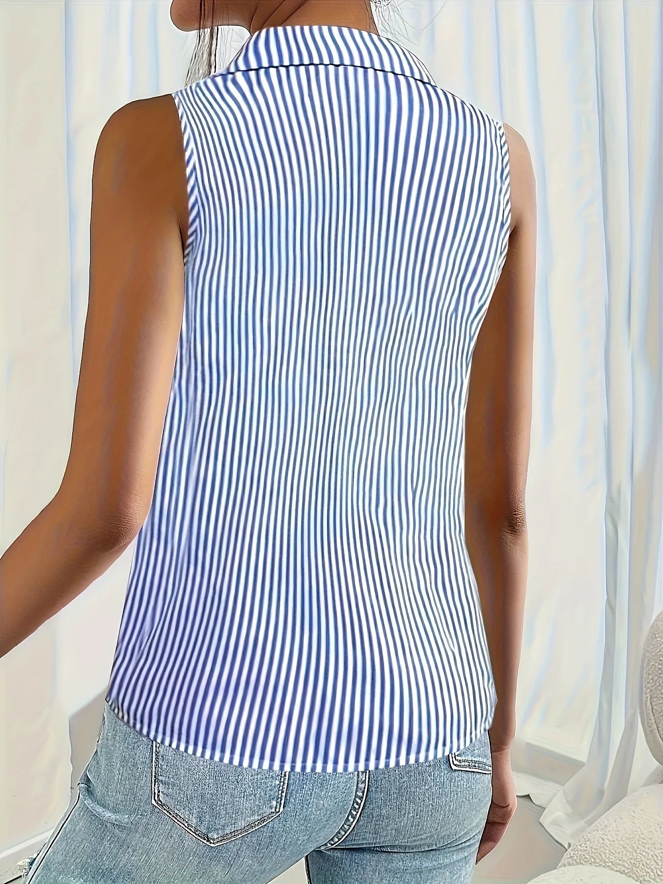 Women's Striped Button-Up Blouse – Classic Collar Relaxed Fit Top — model wearing