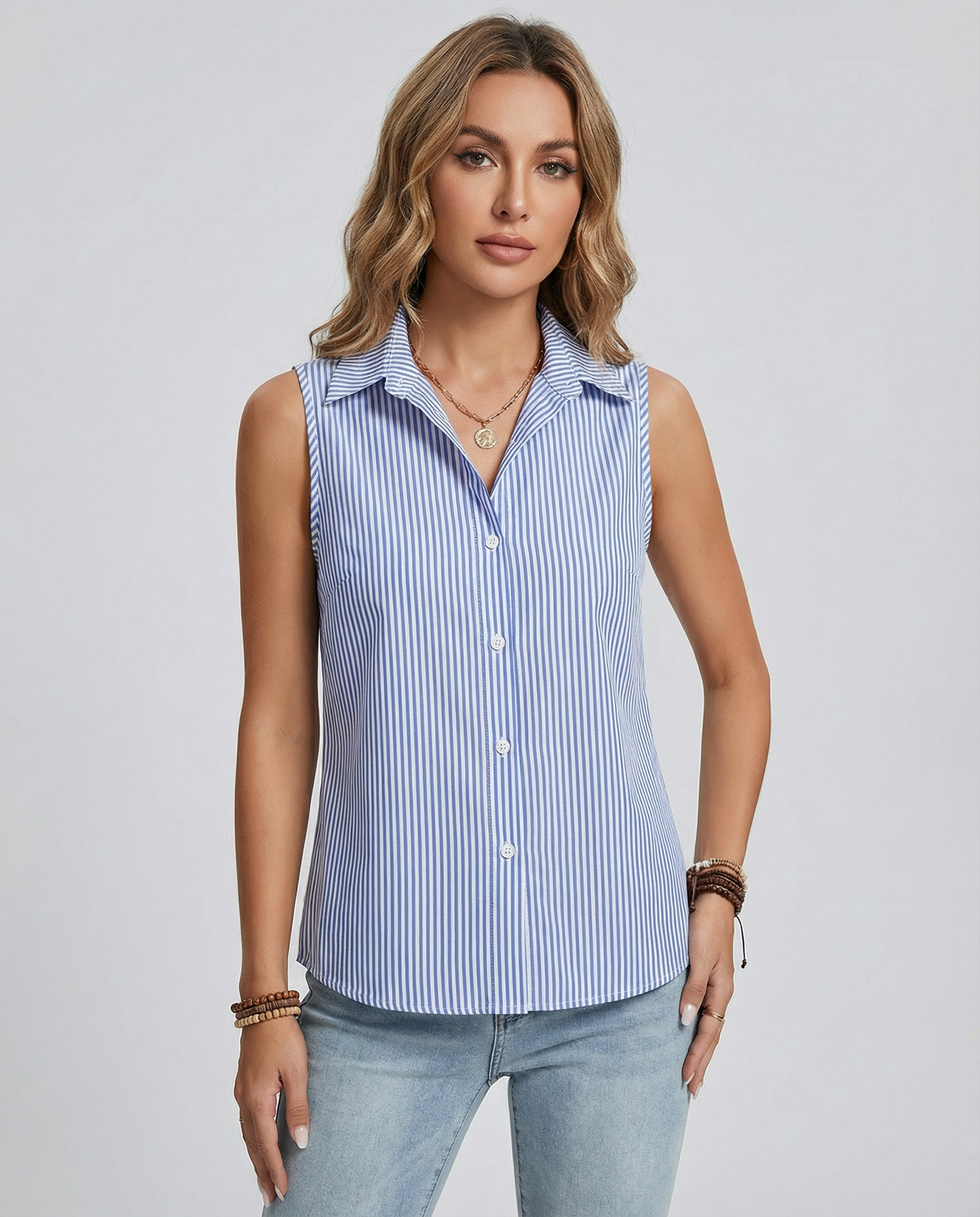 Women's Striped Button-Up Blouse – Classic Collar Relaxed Fit Top