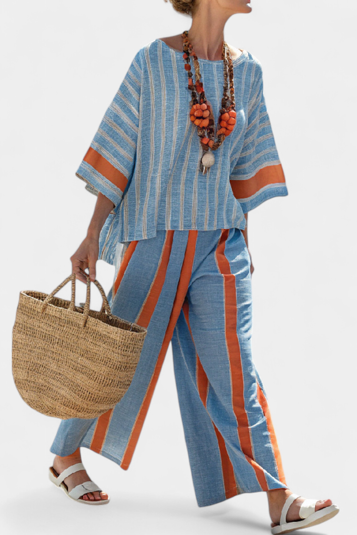 Women's Striped Linen Two-Piece Wide-Leg Pants Set — back view