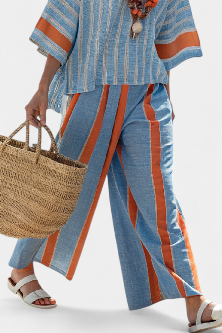 Women's Striped Linen Two-Piece Wide-Leg Pants Set — detail view