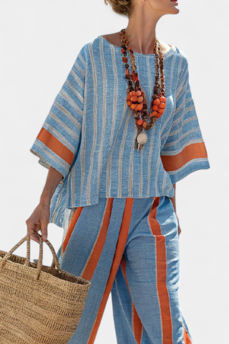 Women's Striped Linen Two-Piece Wide-Leg Pants Set — side view