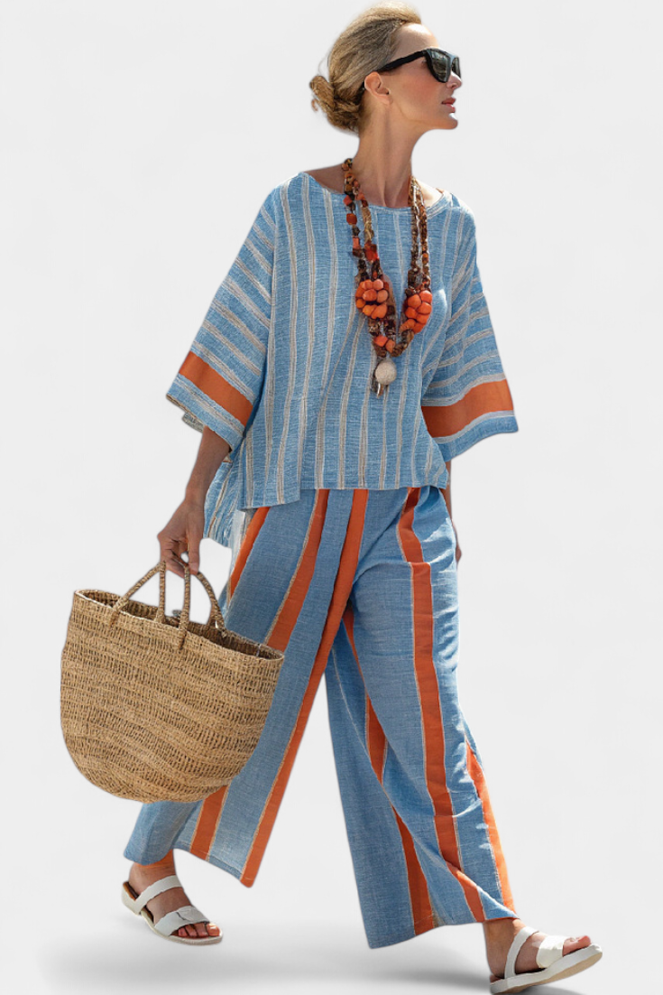 Women's Striped Linen Two-Piece Wide-Leg Pants Set