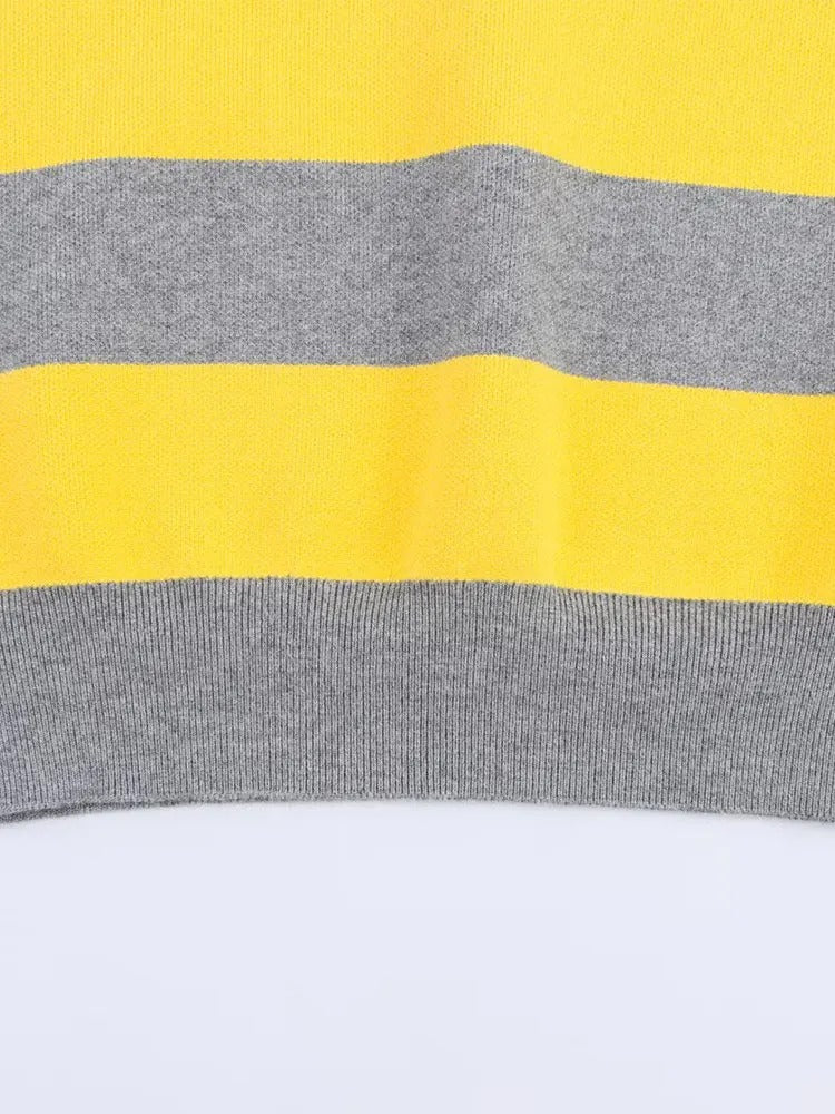 Women's Striped Polo Knit Jumper – Yellow & Grey Preppy Rugby Sweater – Soft Long Sleeve Top — alternative angle