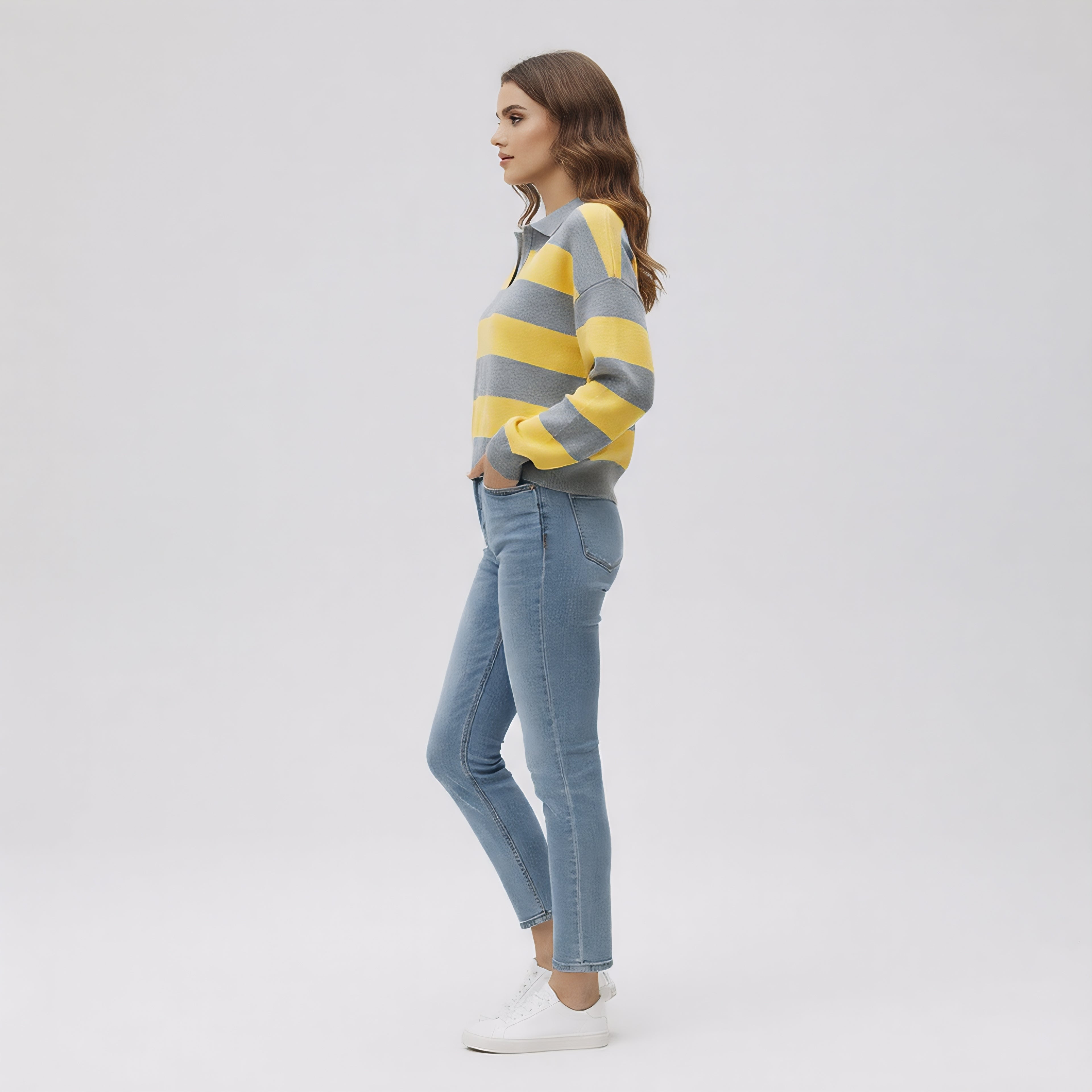 Women's Striped Polo Knit Jumper – Yellow & Grey Preppy Rugby Sweater – Soft Long Sleeve Top — back view