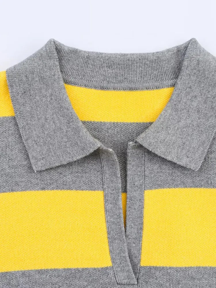 Women's Striped Polo Knit Jumper – Yellow & Grey Preppy Rugby Sweater – Soft Long Sleeve Top — close-up