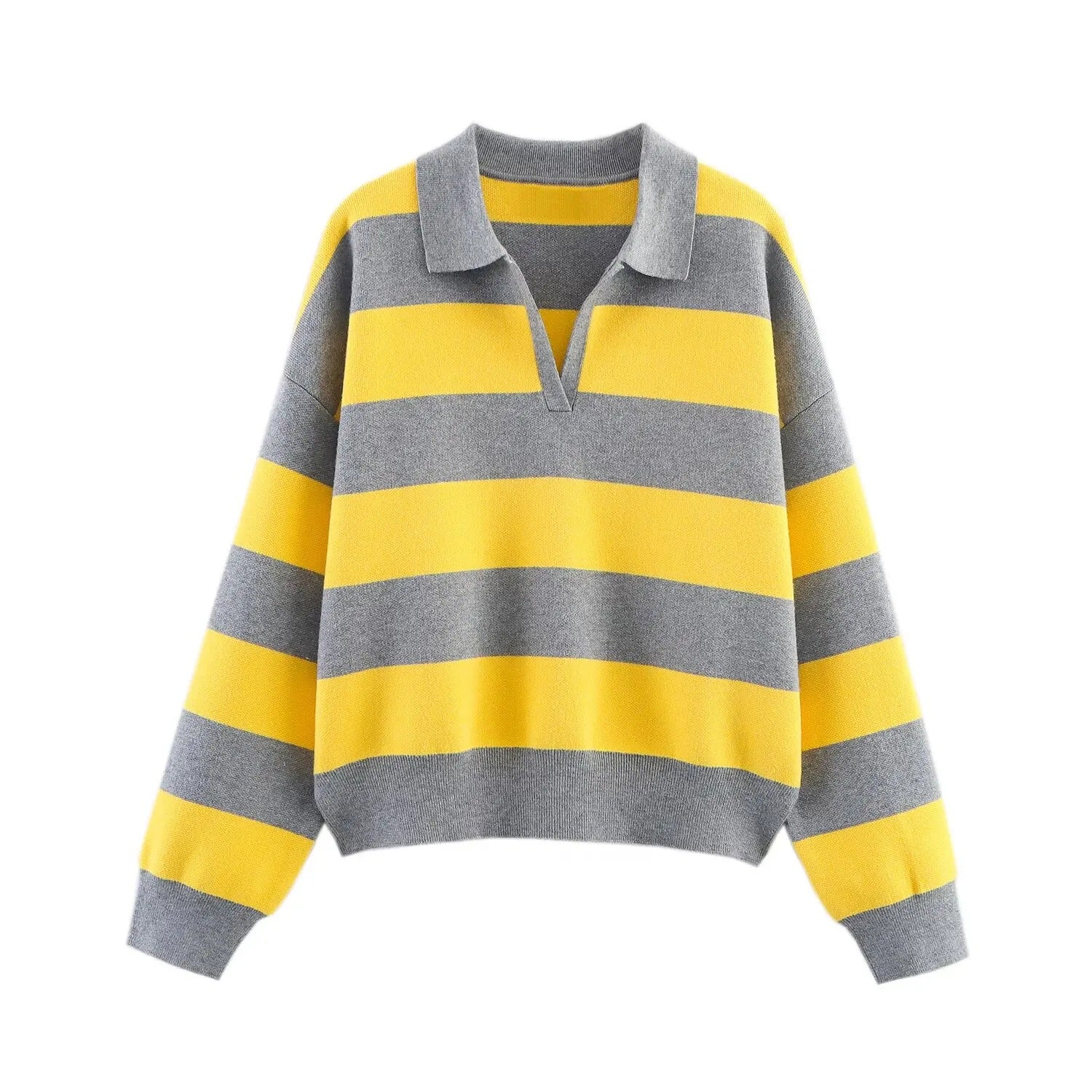 Women's Striped Polo Knit Jumper – Yellow & Grey Preppy Rugby Sweater – Soft Long Sleeve Top — detail view