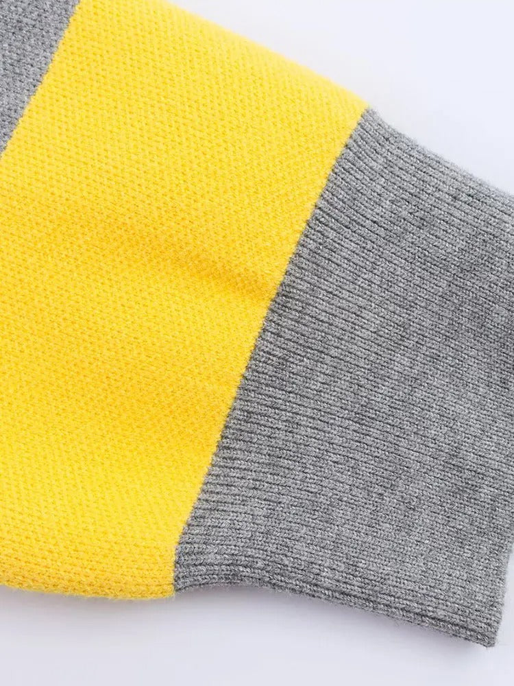 Women's Striped Polo Knit Jumper – Yellow & Grey Preppy Rugby Sweater – Soft Long Sleeve Top — fabric detail