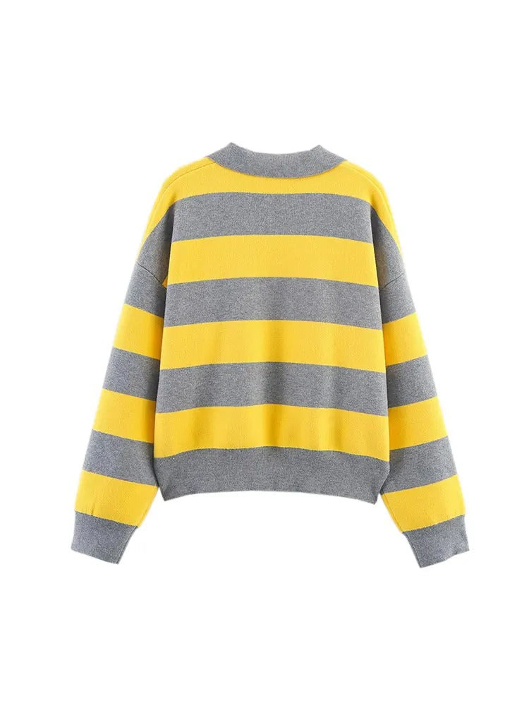 Women's Striped Polo Knit Jumper – Yellow & Grey Preppy Rugby Sweater – Soft Long Sleeve Top — model wearing