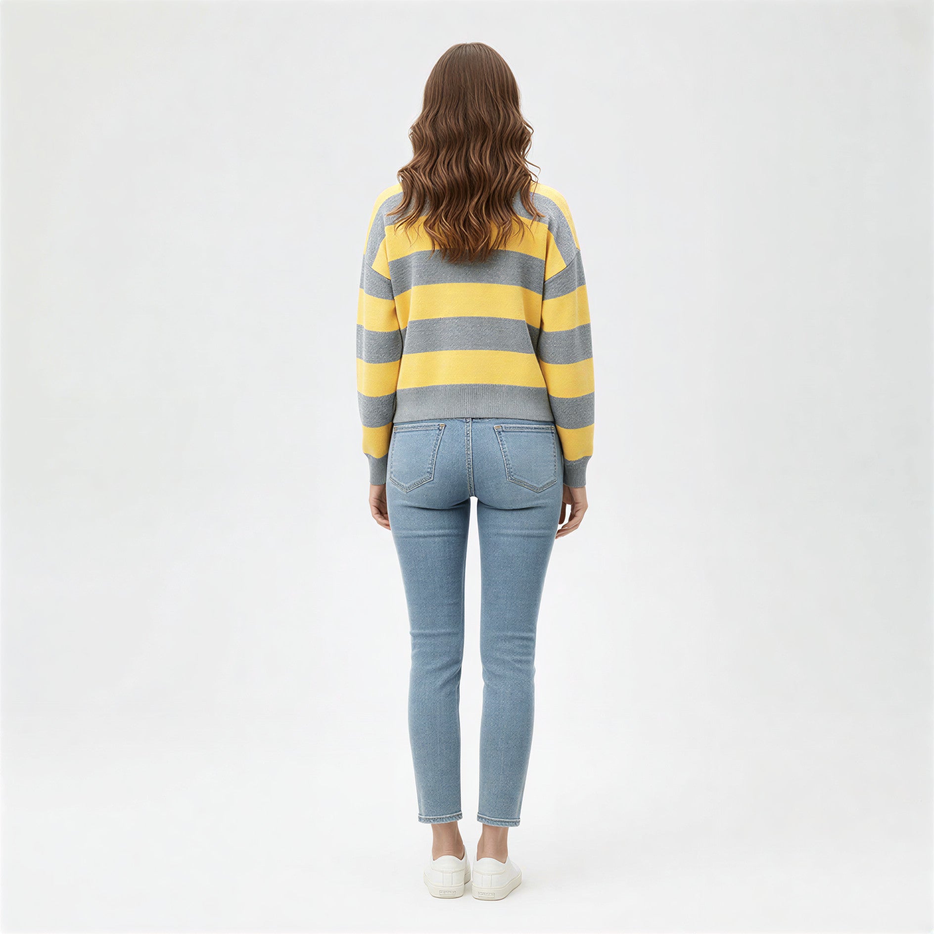 Women's Striped Polo Knit Jumper – Yellow & Grey Preppy Rugby Sweater – Soft Long Sleeve Top — side view
