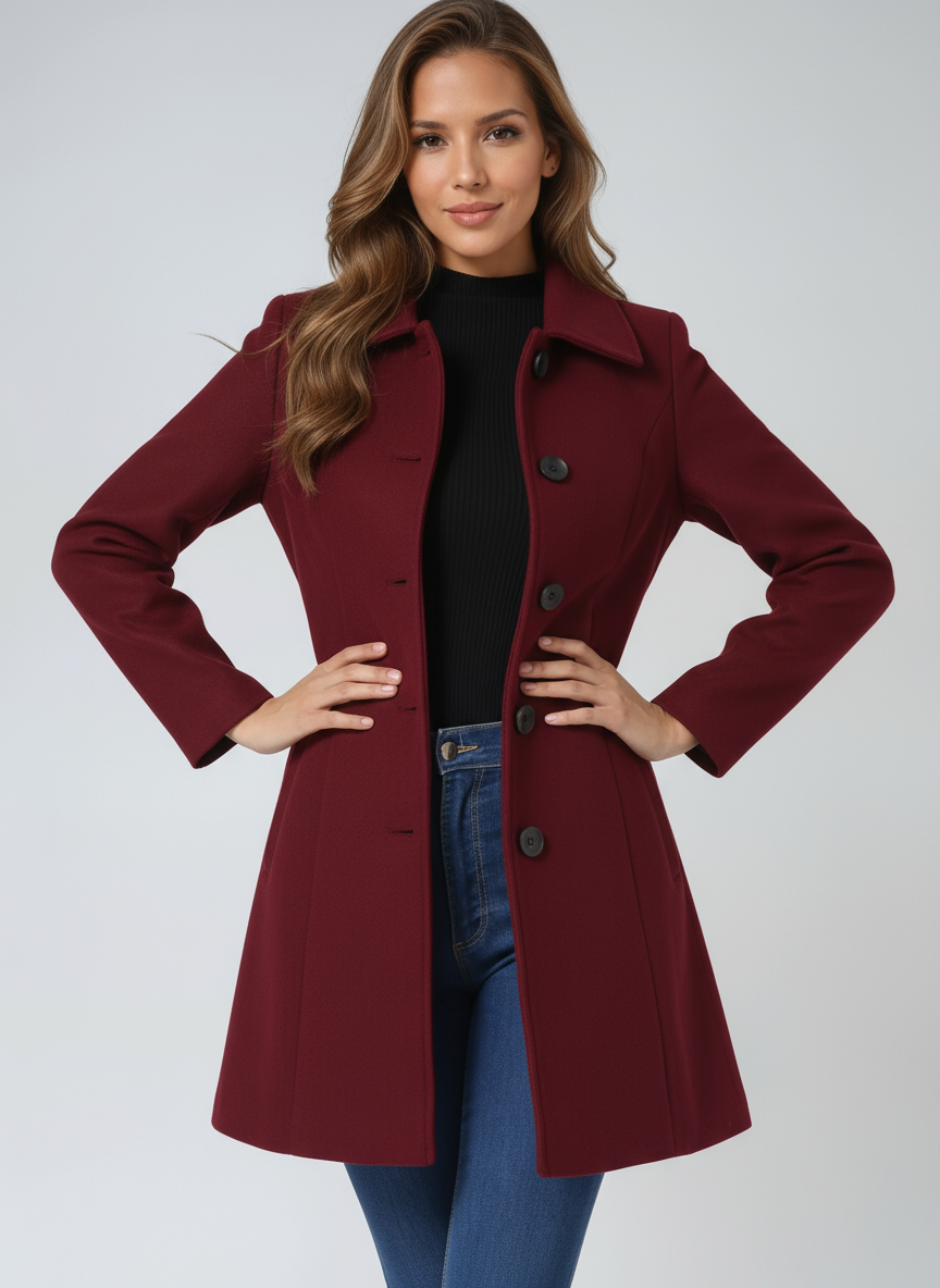 Women's Tailored Longline Coat – Single-Breasted Wool Blend Overcoat — close-up