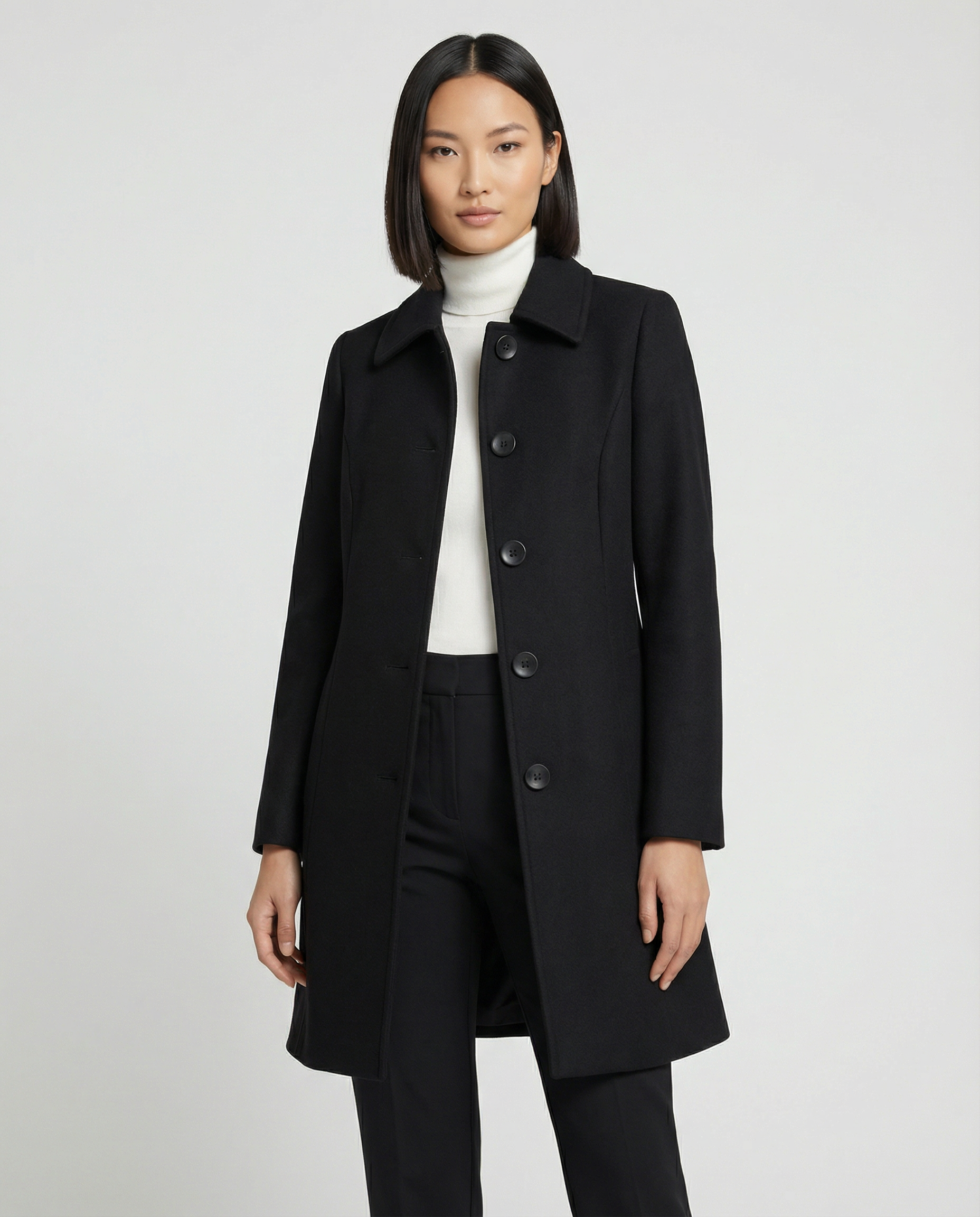 Women's Tailored Longline Coat – Single-Breasted Wool Blend Overcoat