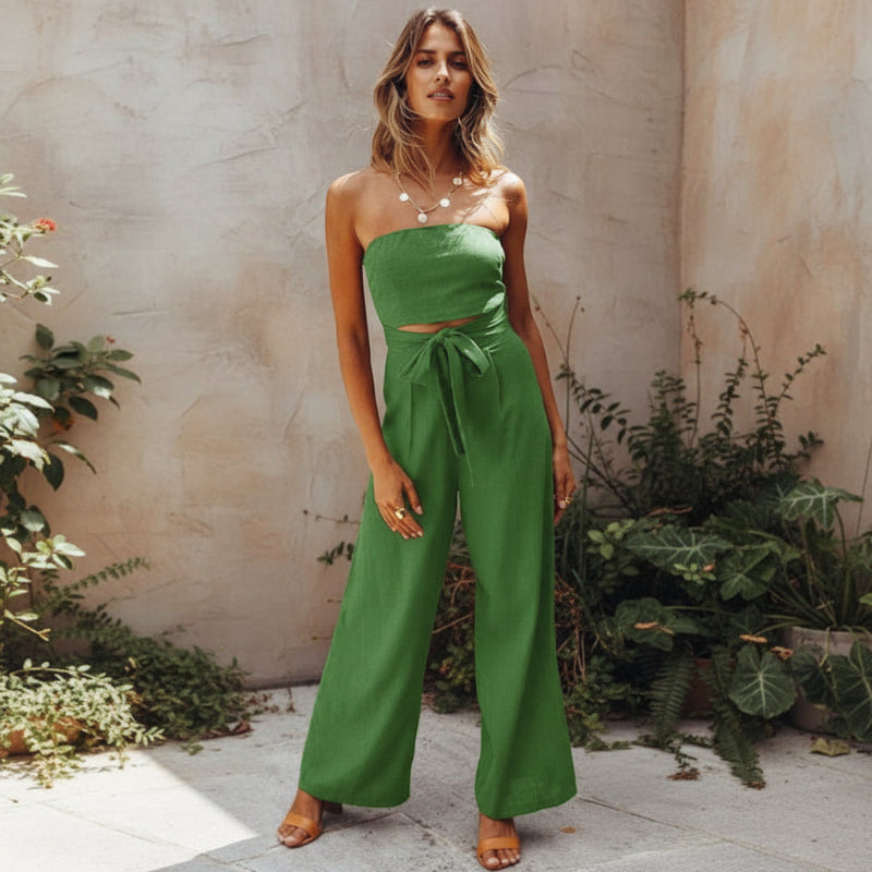Women's Trendy Strapless Backless Wide Leg Jumpsuit with Tie Waist — detail view
