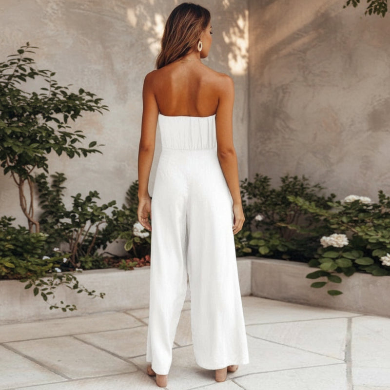 Women's Trendy Strapless Backless Wide Leg Jumpsuit with Tie Waist — model wearing