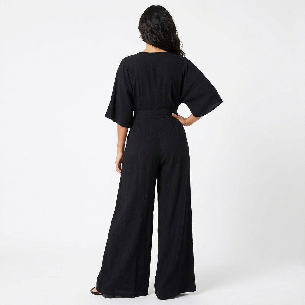 Women's V Neck Half Sleeve Wide Leg Elegant Jumpsuit — alternative angle