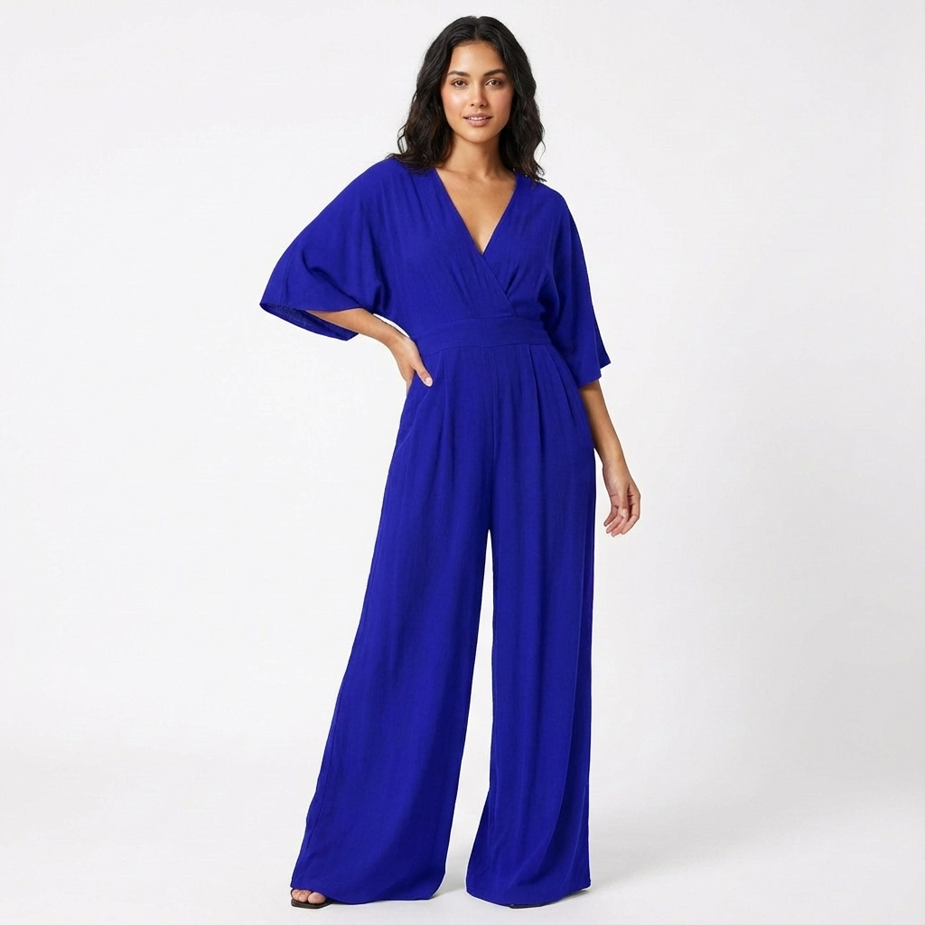 Women's V Neck Half Sleeve Wide Leg Elegant Jumpsuit — back view